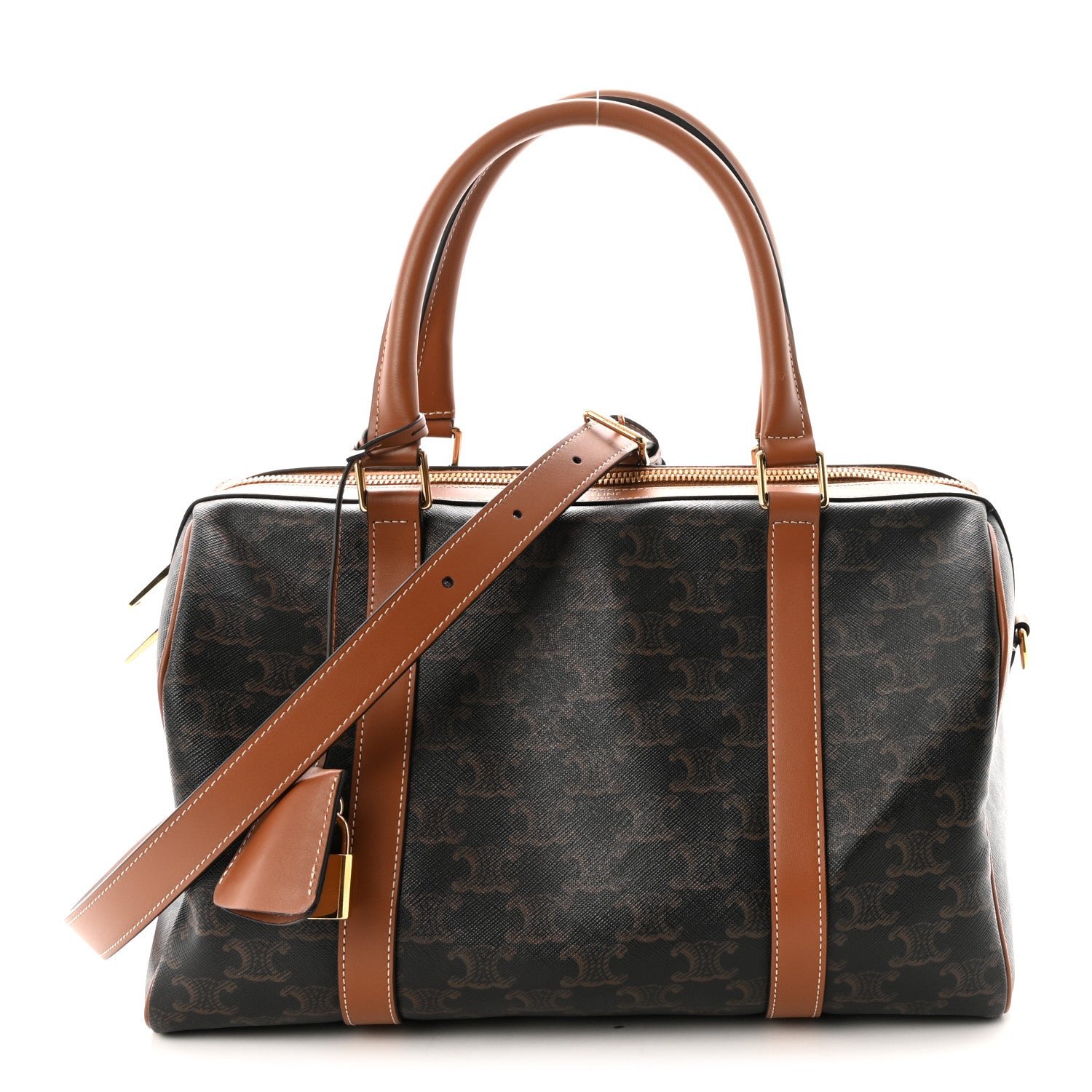 Celine Triomphe Canvas Calfskin Boston Bag Tan
