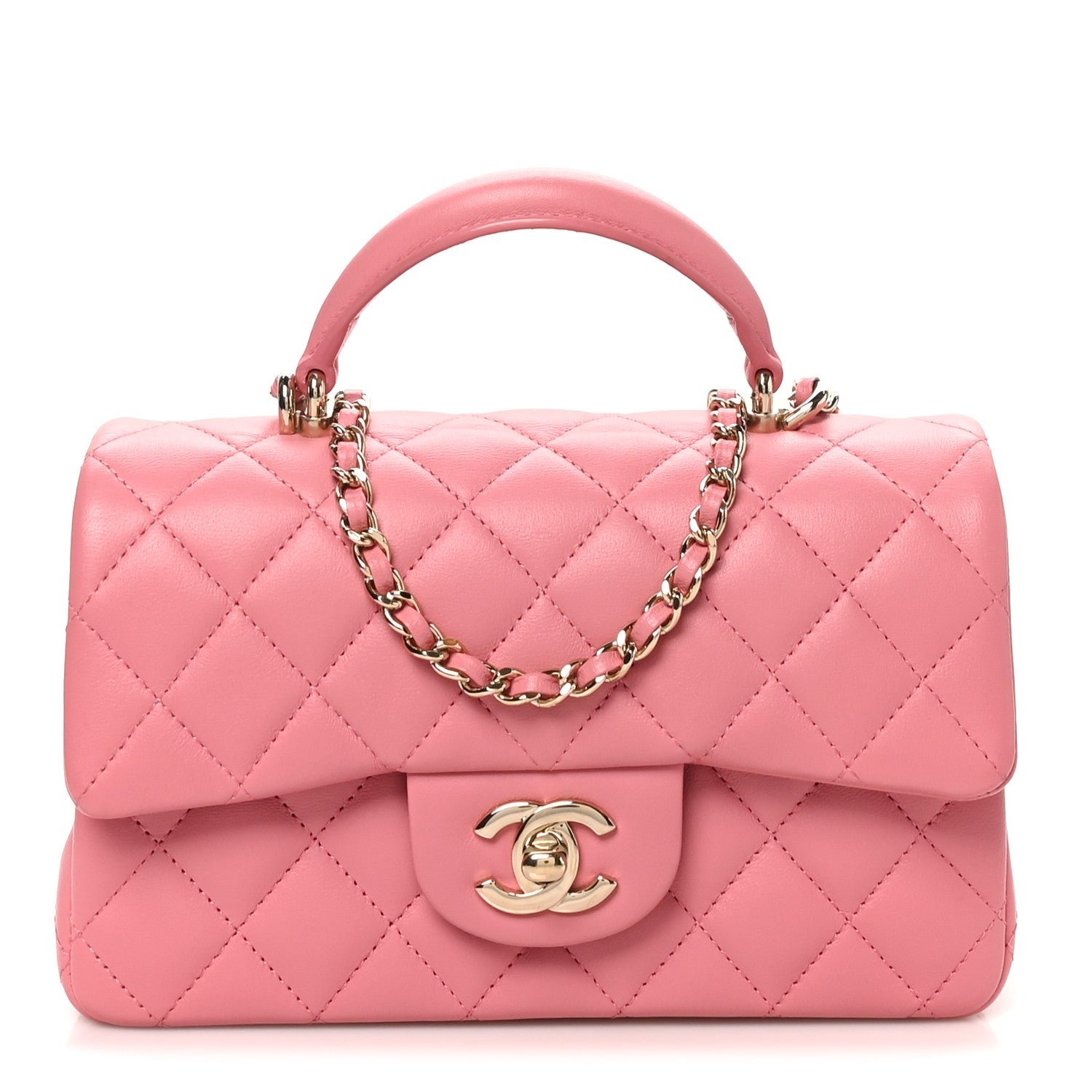 Chanel Lambskin Quilted Mini Top Handle Rectangular Flap Pink