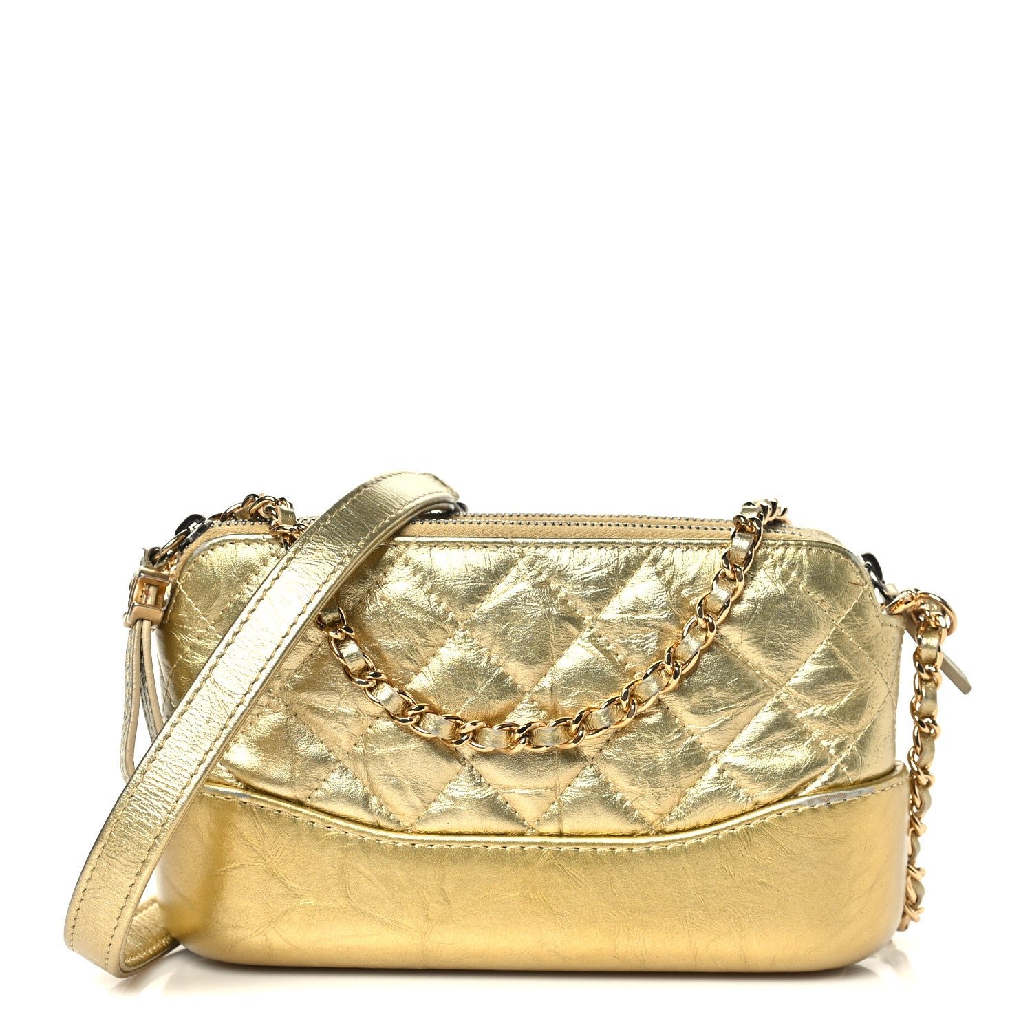 Chanel Metallic Aged Calfskin Quilted Small Gabrielle Clutch With Chain Gold