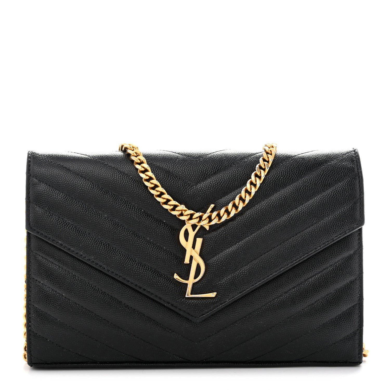 Saint Laurent Grain De Poudre Matelasse Chevron Monogram Chain Wallet Black