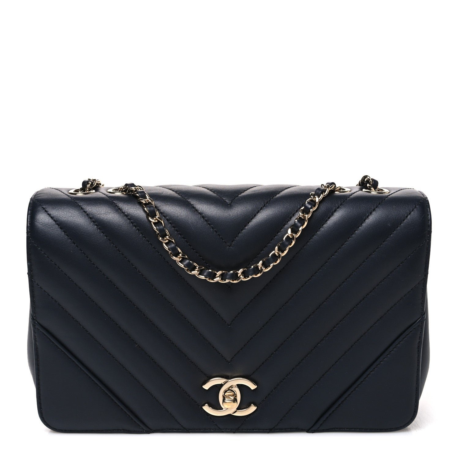 Chanel Calfskin Chevron Quilted Small Statement Flap Navy