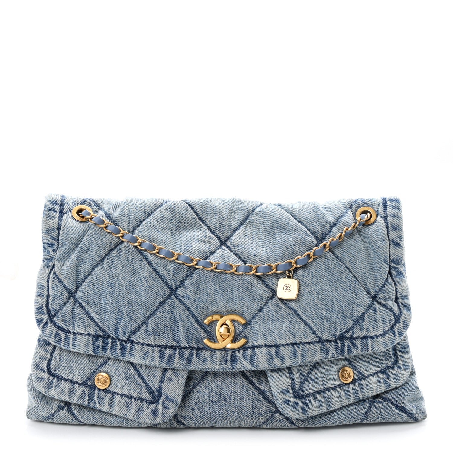 Washed Denim Quilted Maxi Flap Bag Blue