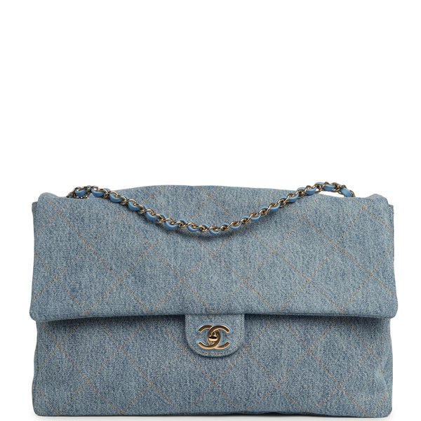 Chanel Maxi "Souplissimo" Large Flap Bag Blue Denim Gold Hardware