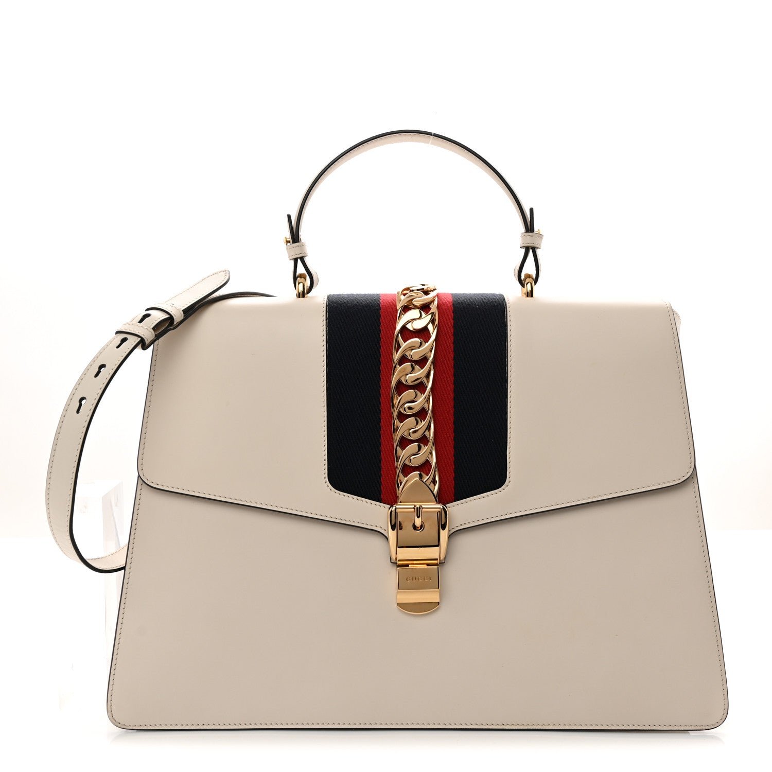 Gucci Calfskin Web Medium Sylvie Top Handle Bag White