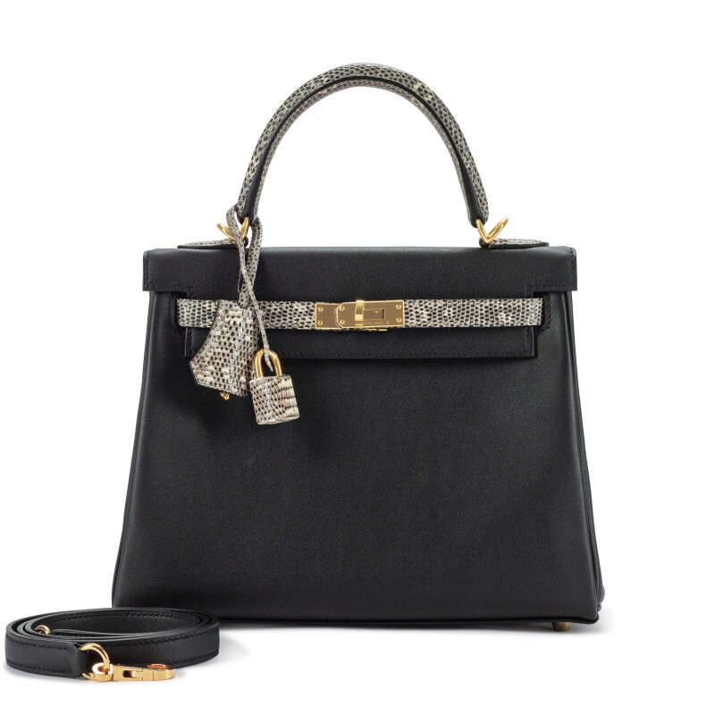 Hermes Limited Edition Black Swift and Ombré Salvator Lizard Touch Kelly 25 Retourné Gold Hardware, 2023