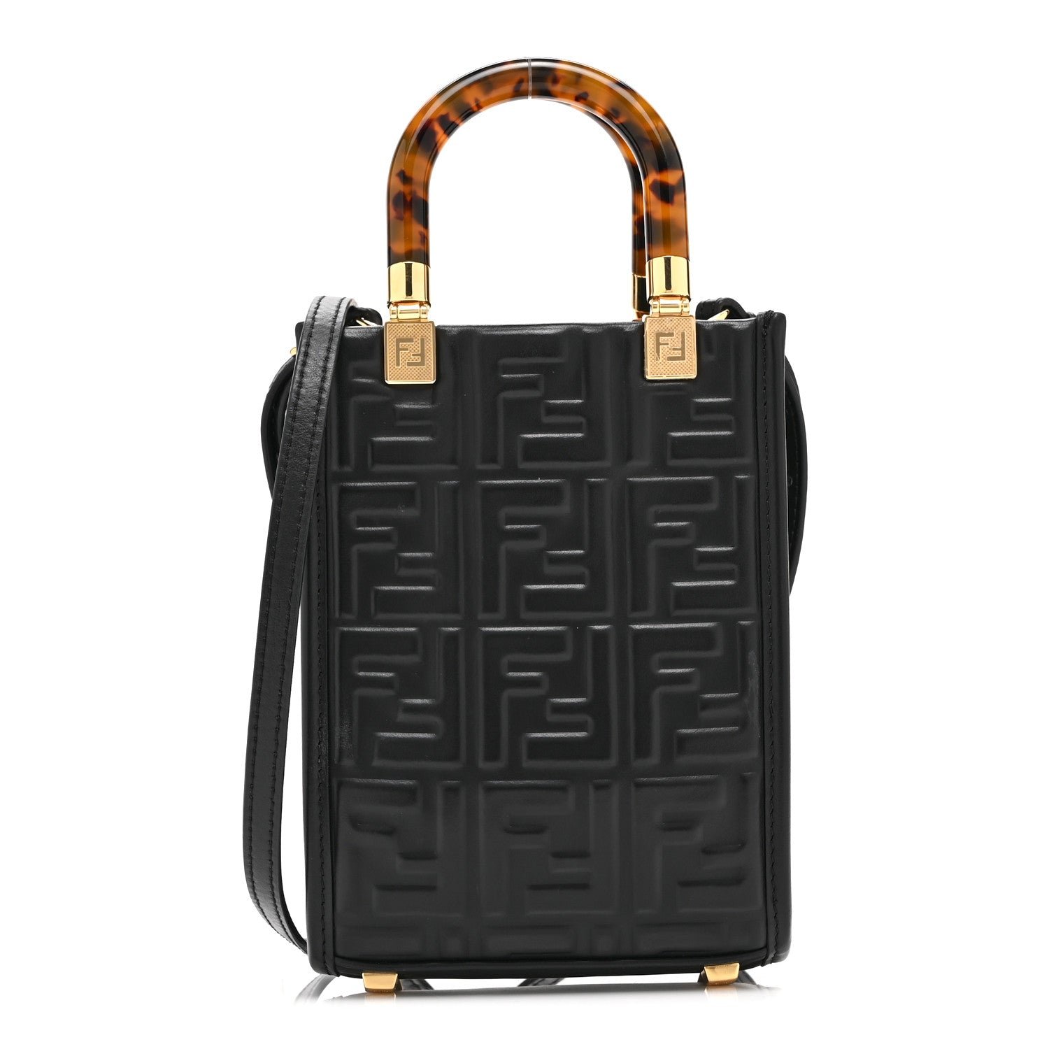 Fendi Vitello Plexiglass FF Embossed Mini Fendi Sunshine Shopper Tote Black