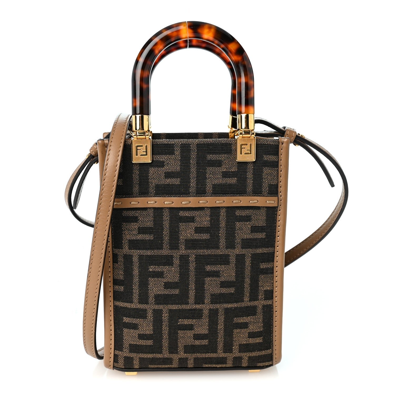 Fendi Fabric Jacquard Vitello King Plexiglass FF 1974 Mini Fendi Sunshine Shopper Tote Tobacco Moro Sand
