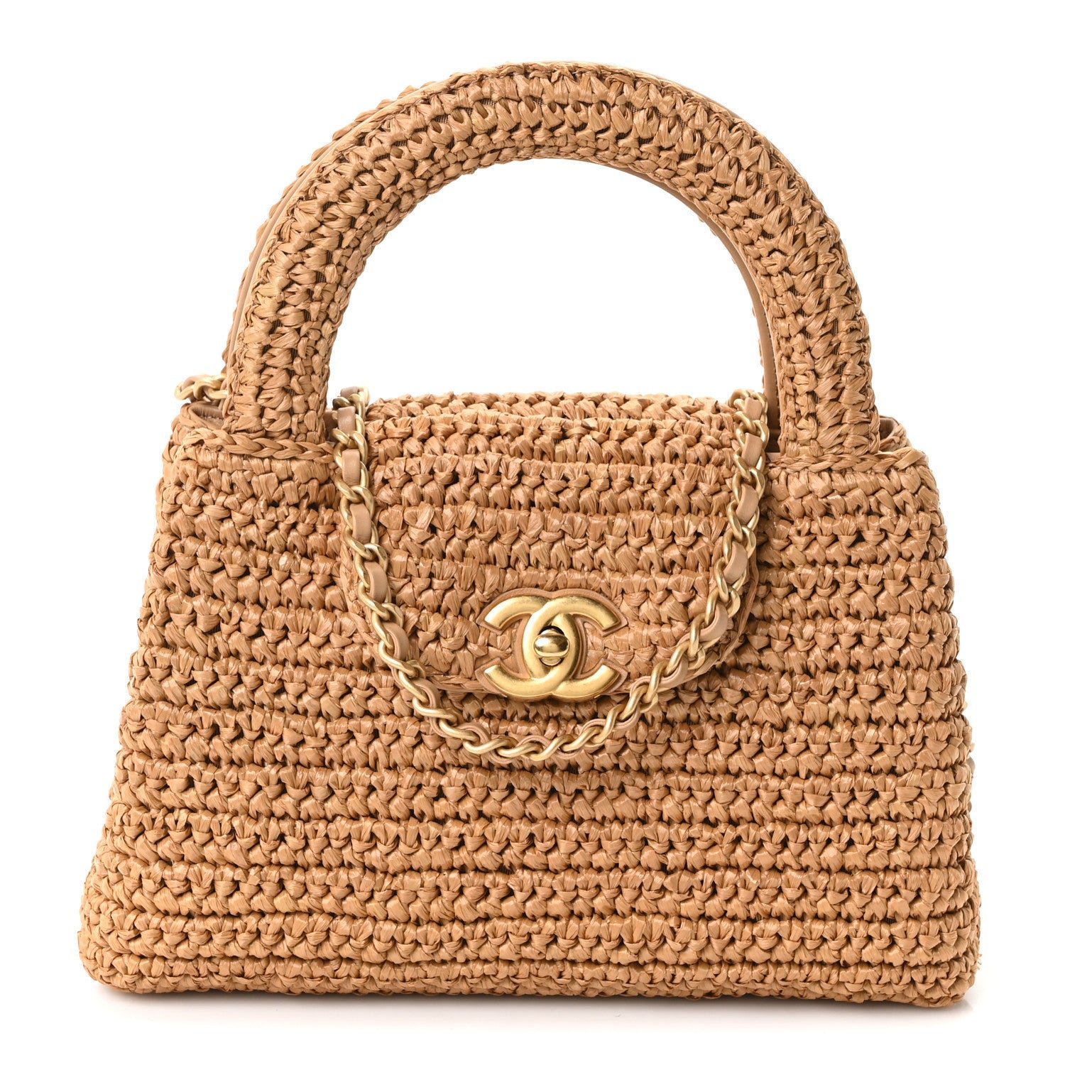 Braided Raffia Nano Kelly Flap Bag Dark Beige