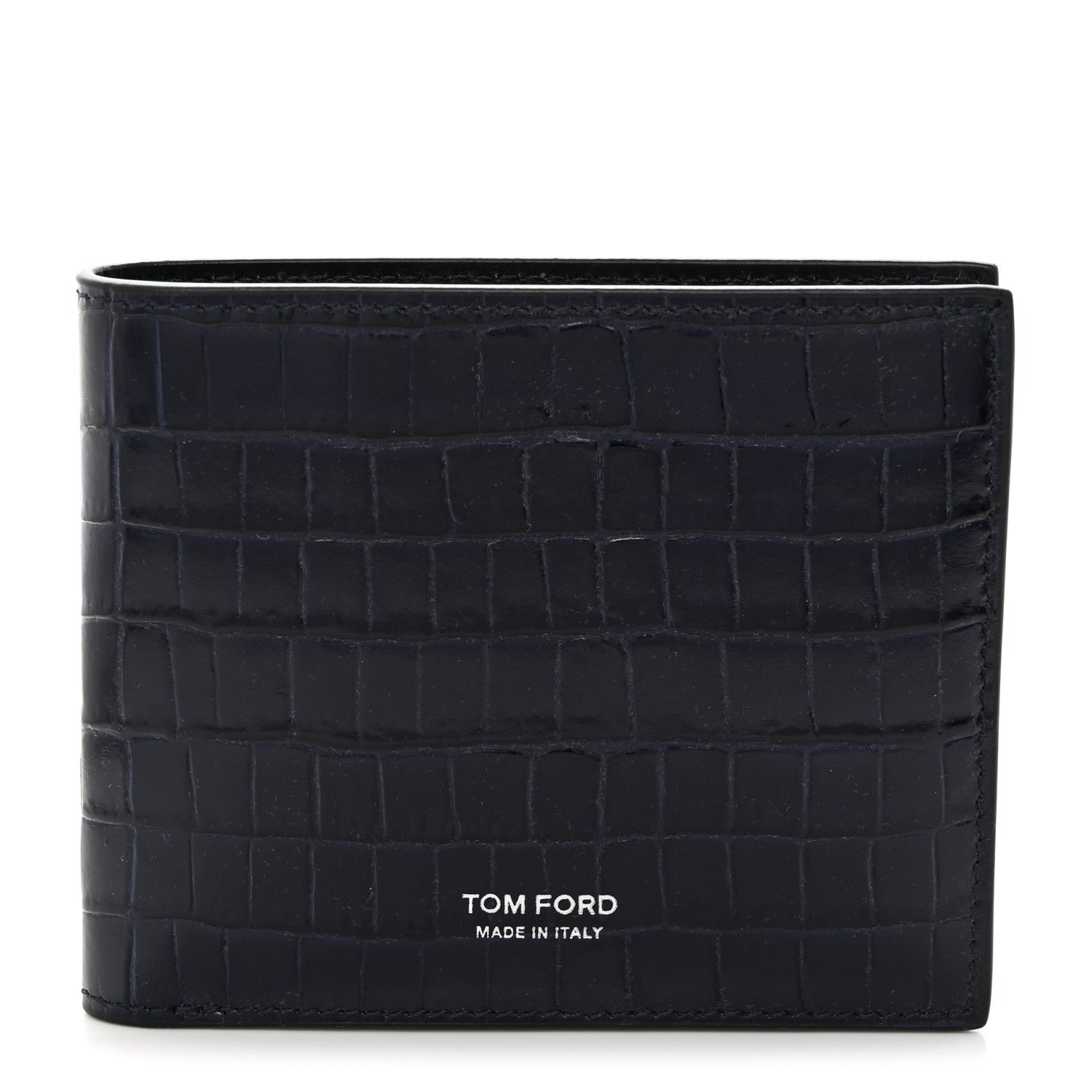 Tom Ford Glossy Calfskin Crocodile Embossed T Line Classic Bi-Fold Wallet Ink