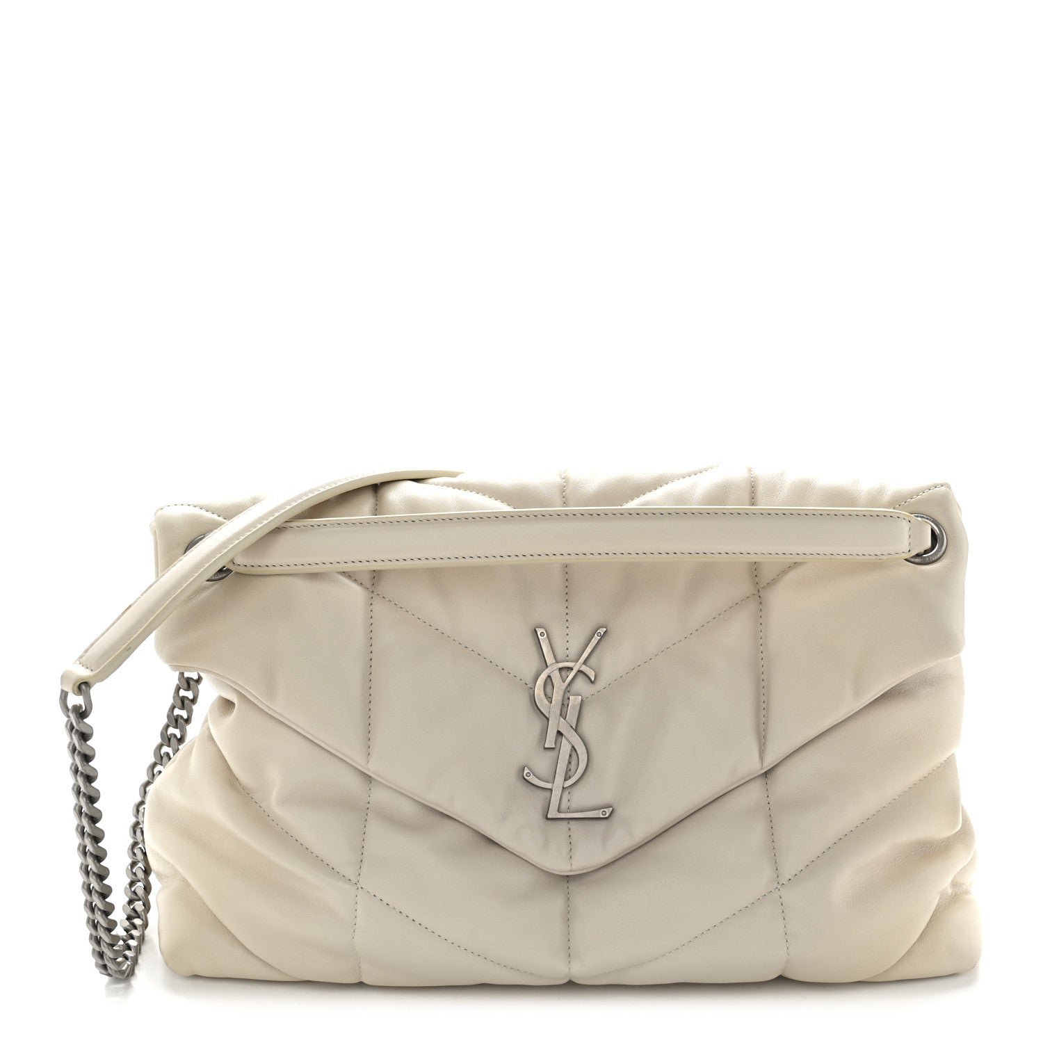 Saint Laurent Lambskin Quilted Medium Loulou Puffer Monogram Chain Satchel Crema Soft