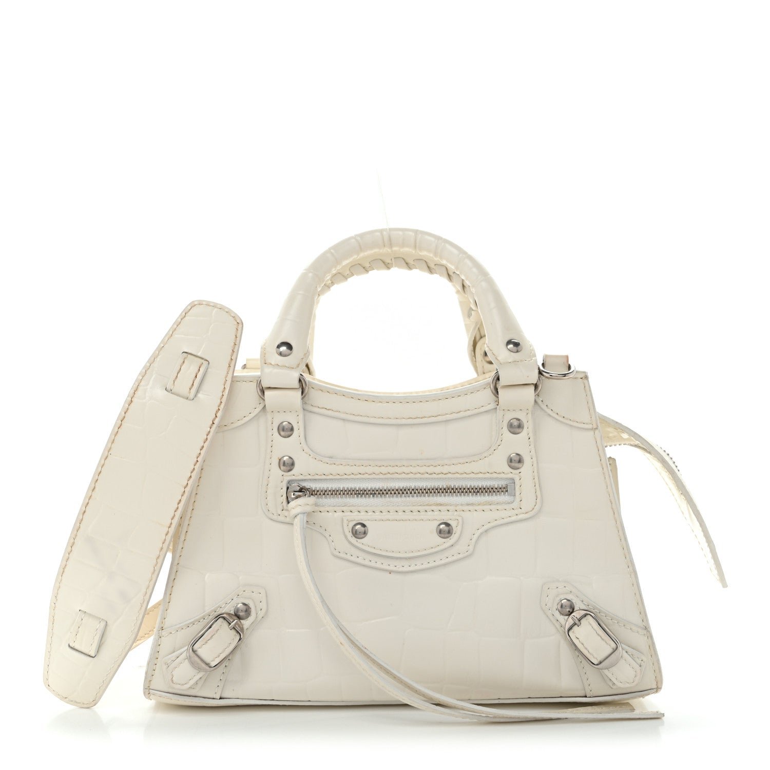 Balenciaga Semi Shiny Calfskin Crocodile Embossed Neo Classic Silver Hardware Nano City Crossbody White