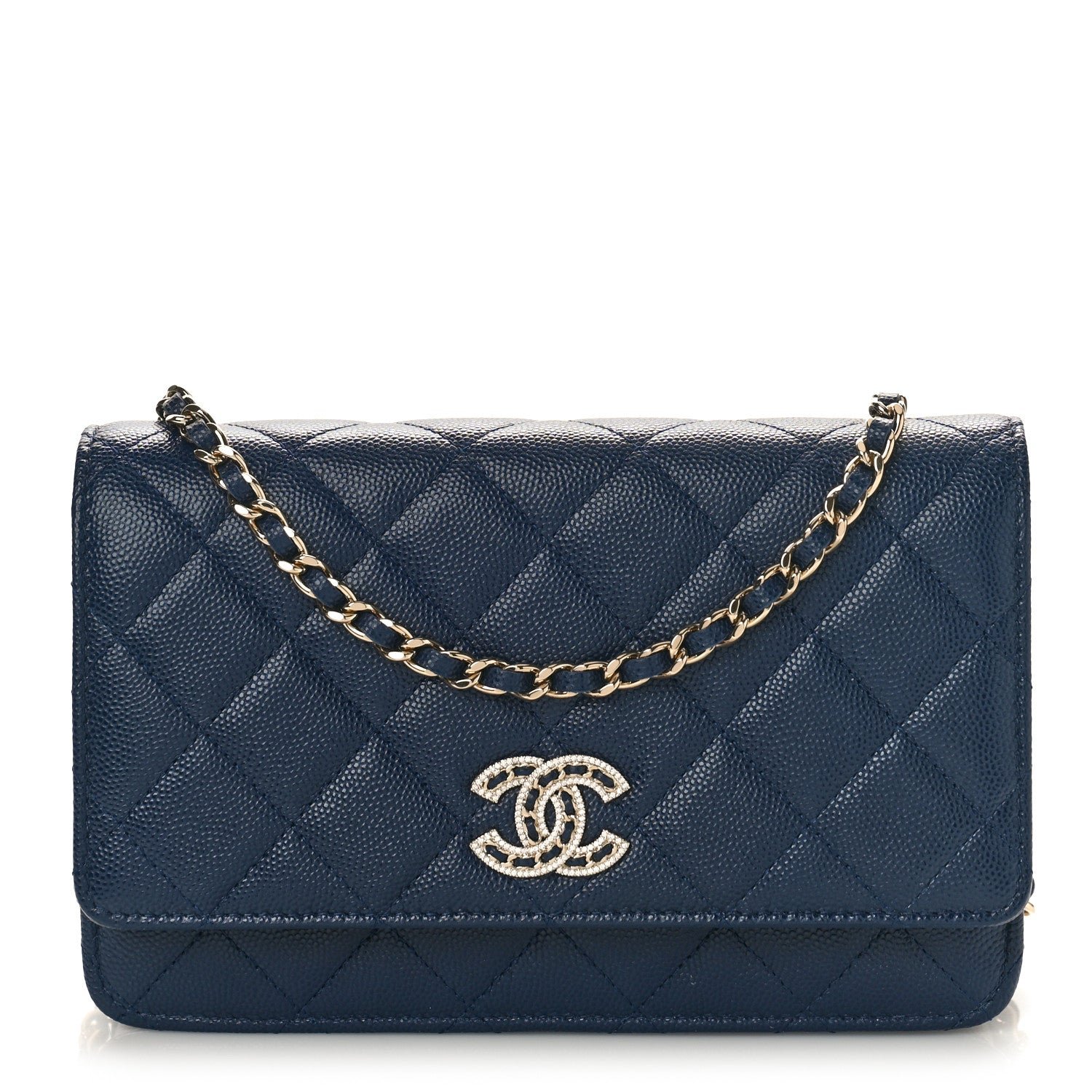 Chanel Caviar Quilted Crystal CC Wallet On Chain WOC Navy