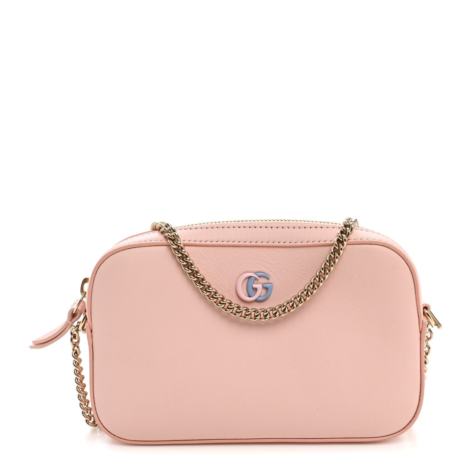 Gucci Dollar Calfskin Enamel Super Mini GG Marmont Chain Shoulder Bag Light Pink Blue