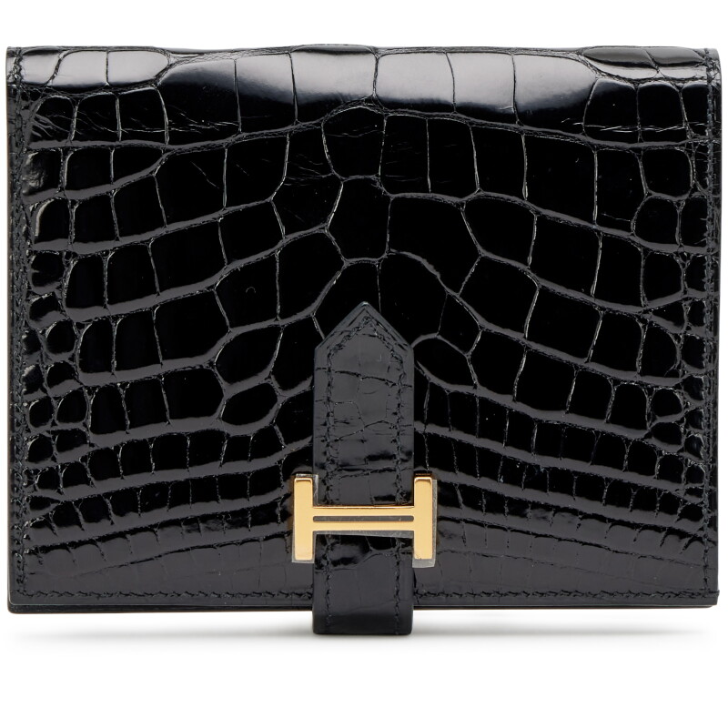 Black Shiny Alligator Bearn Compact Wallet Gold Hardware, 2019