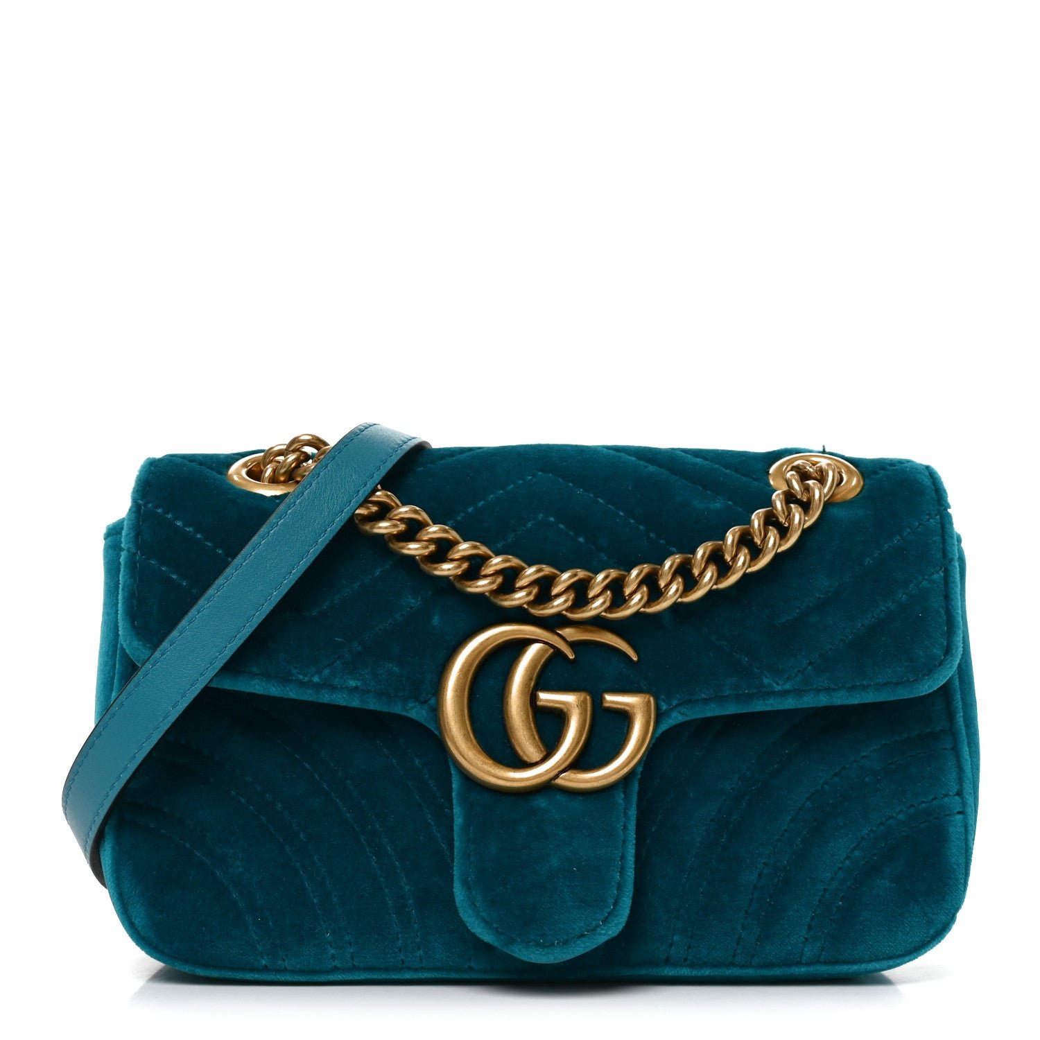 Gucci Velvet Matelasse Mini GG Marmont Shoulder Bag Pavone Cyan
