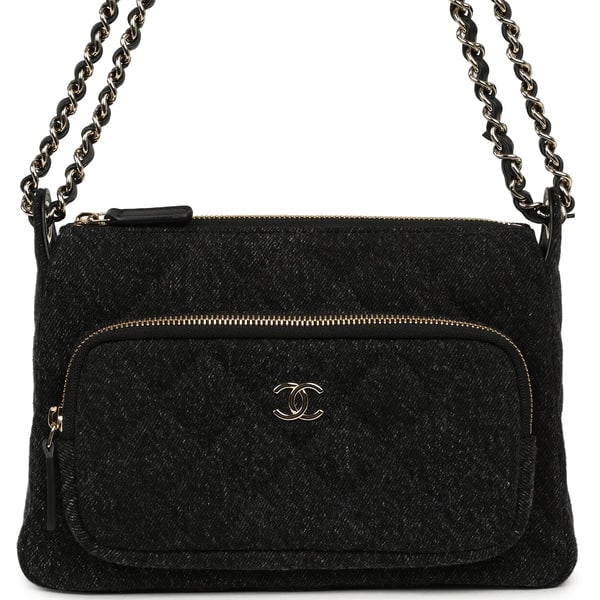 Chanel Preppy Pocket Purse with Chain Black Denim Light Gold Hardware