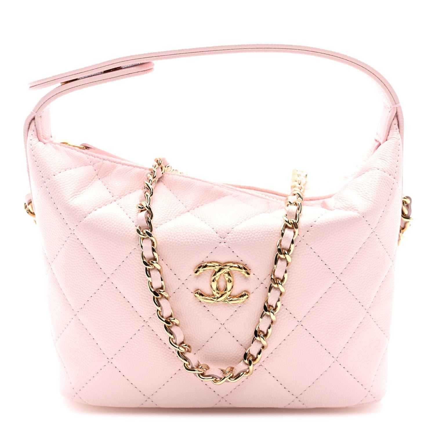Chanel Shiny Caviar Hobo Clutch With Chain Light Pink