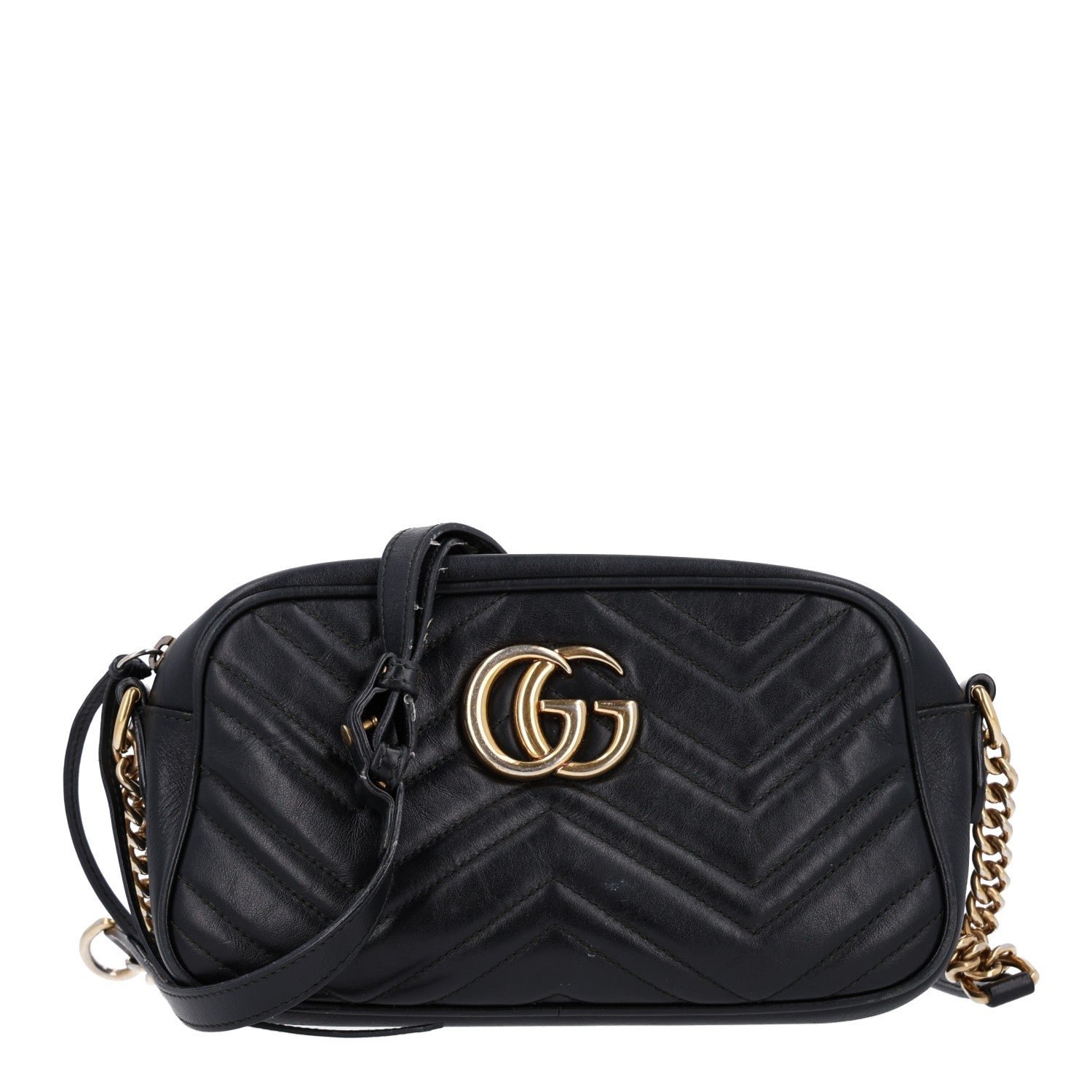 Gucci Calfskin Matelasse Small GG Marmont Chain Shoulder Bag Black