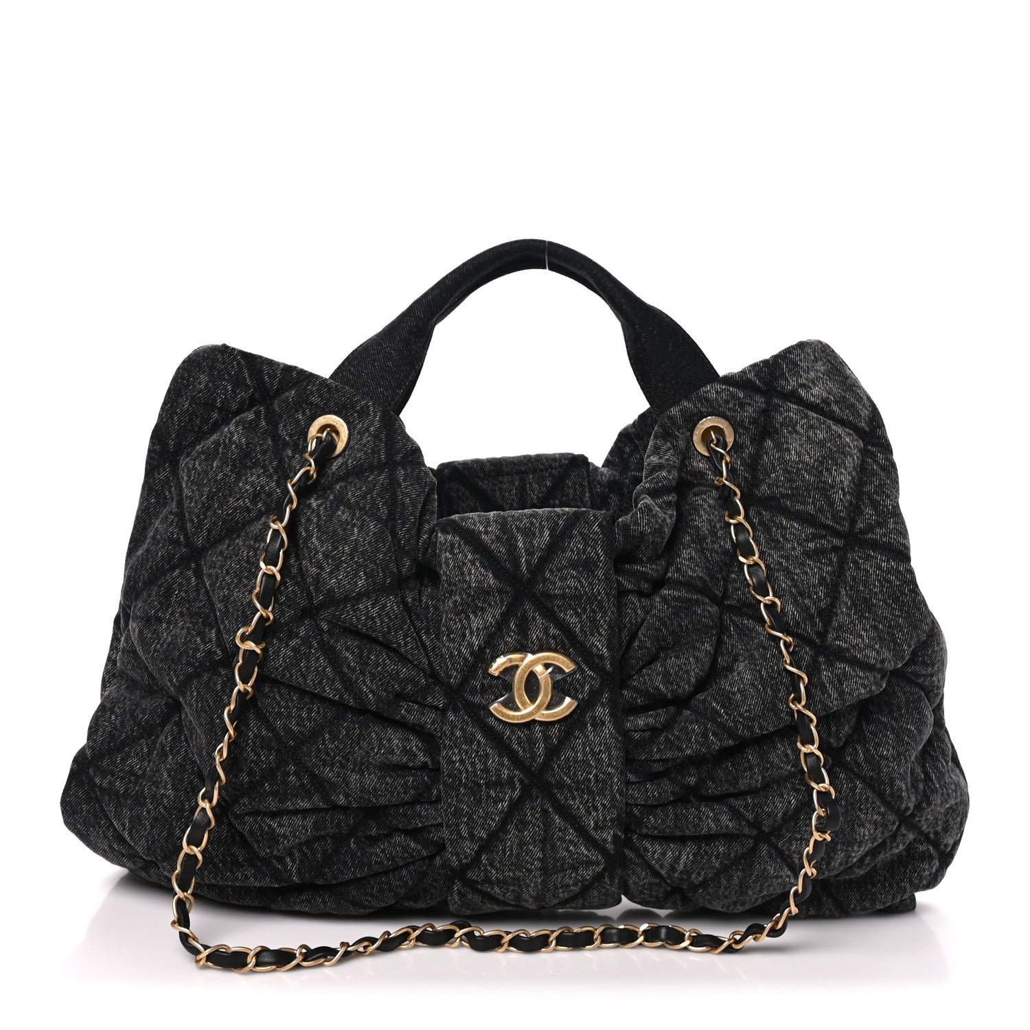 Chanel Washed Denim Quilted Maxi Bow Bag Black