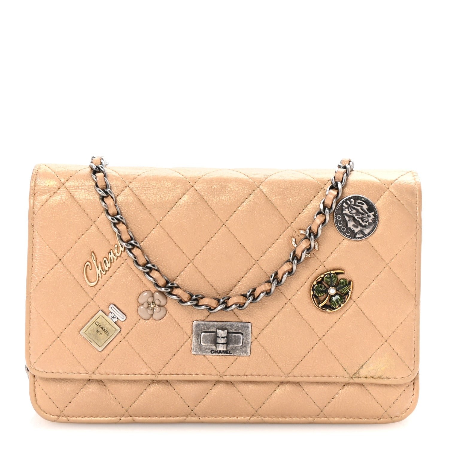 Chanel Metallic Calfskin Lucky Charms Casino 2.55 Reissue Wallet On Chain WOC Beige