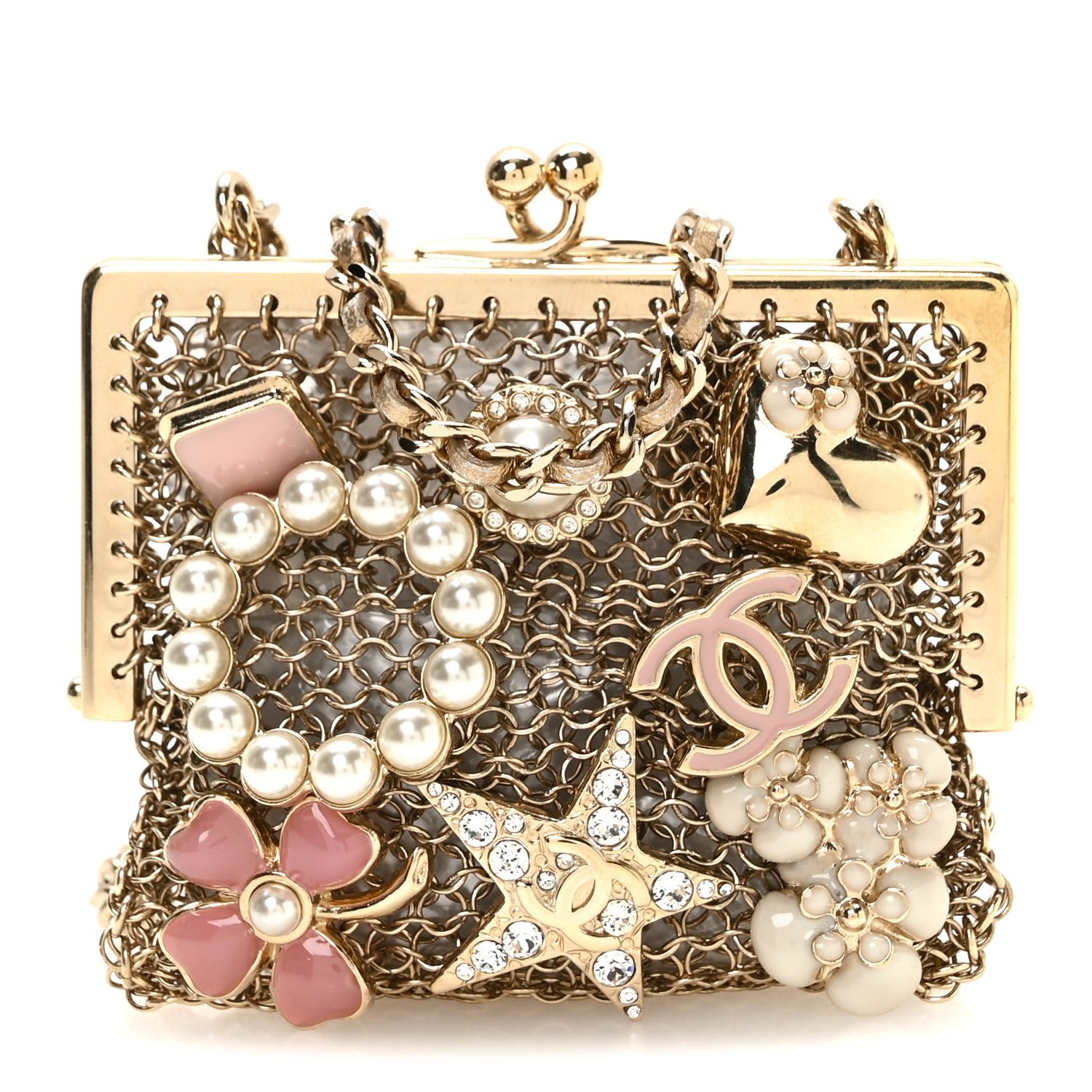 Chanel Metal Pearl Enamel Kiss Lock Chain Mail Charm Clutch Gold