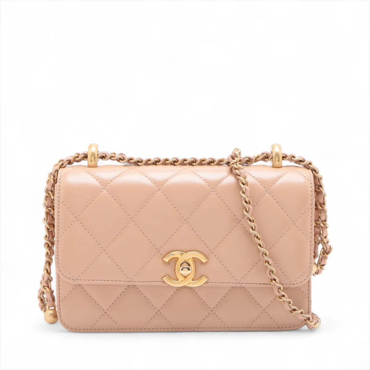Chanel Mini Matelasse Leather Chain Shoulder Bag Beige Gold Metal Fittings rando