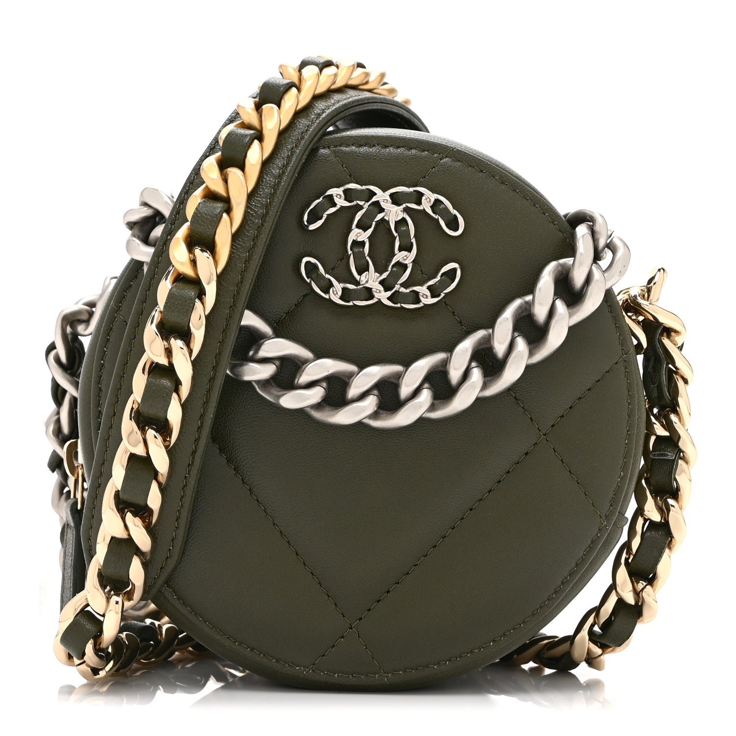Chanel Lambskin Quilted Chanel 19 Round Clutch With Chain Khaki