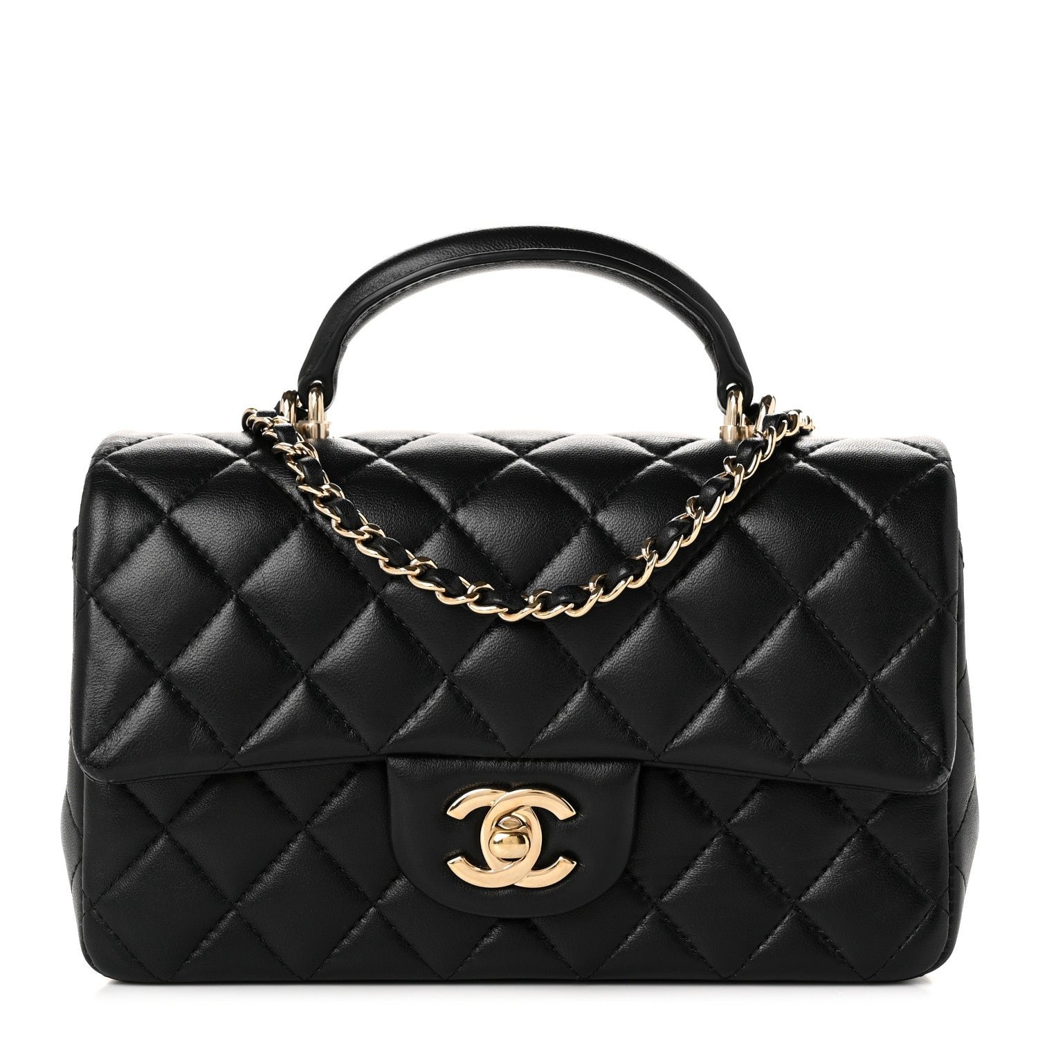 Chanel Lambskin Quilted Mini Top Handle Rectangular Flap Black