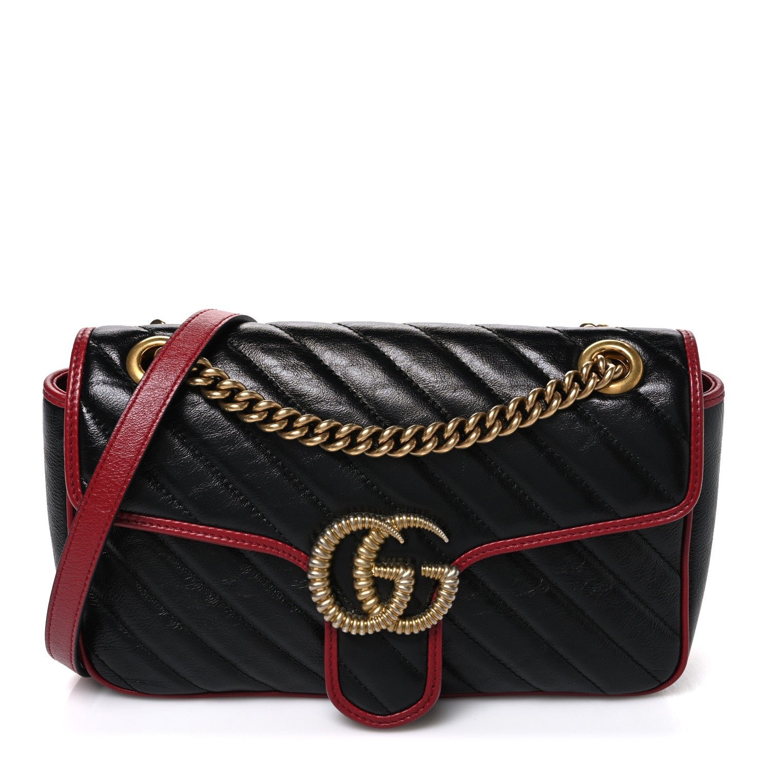 Gucci Vintage Effect Calfskin Matelasse Diagonal Small Torchon GG Marmont Shoulder Bag Black Romantic Cherry