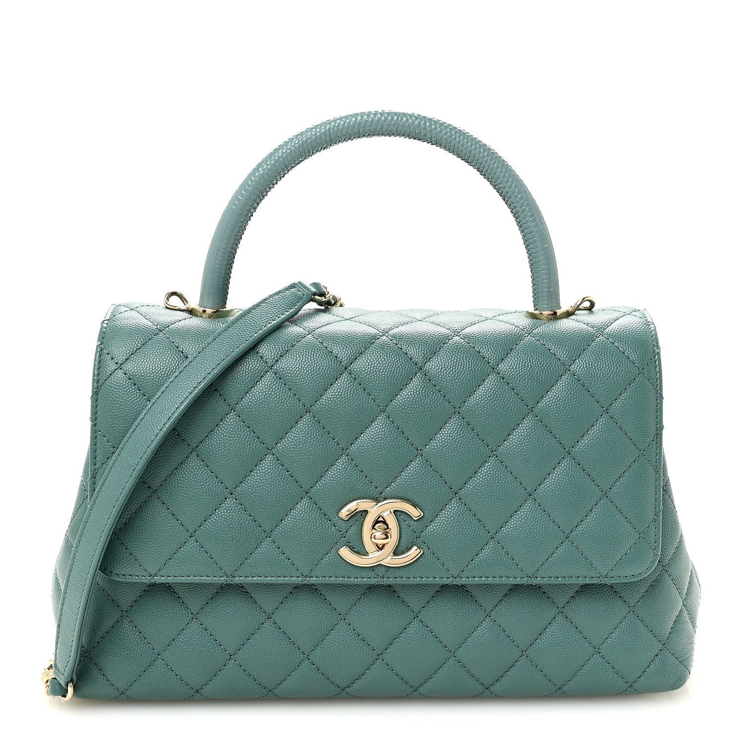 Chanel Caviar Quilted Lizard Embossed Small Coco Handle Flap Green
