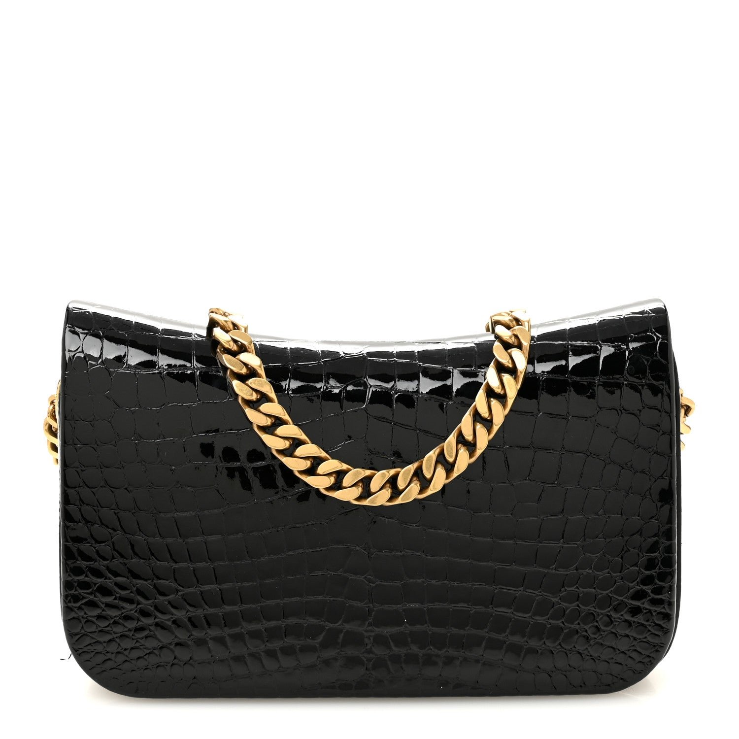Saint Laurent Patent Calfskin Crocodile Embossed Elise Chain Shoulder Bag Black Black