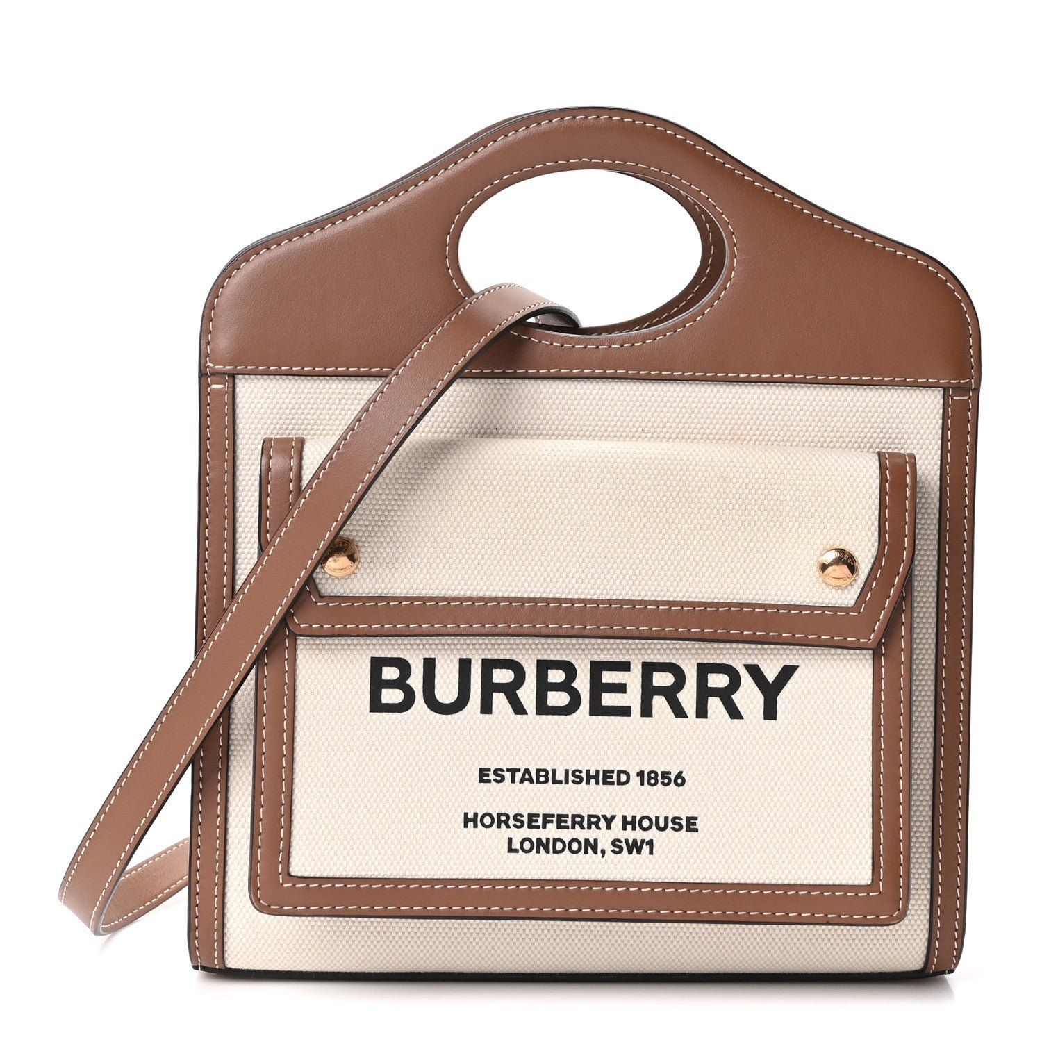 Burberry Canvas Smooth Calfskin Two Tone Mini Pocket Bag Natural Malt Brown