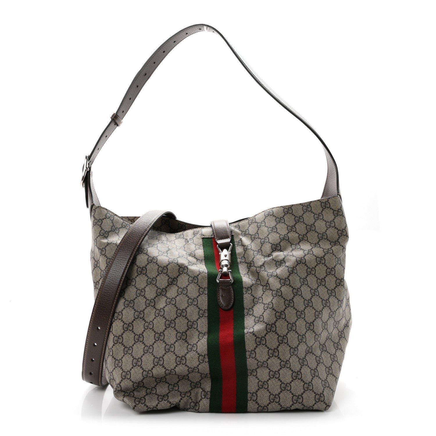 Gucci Tender GG Supreme Monogram Textured Dollar Calfskin Web Medium Jackie 1961 Crossbody Bag Beige Ebony New Acero