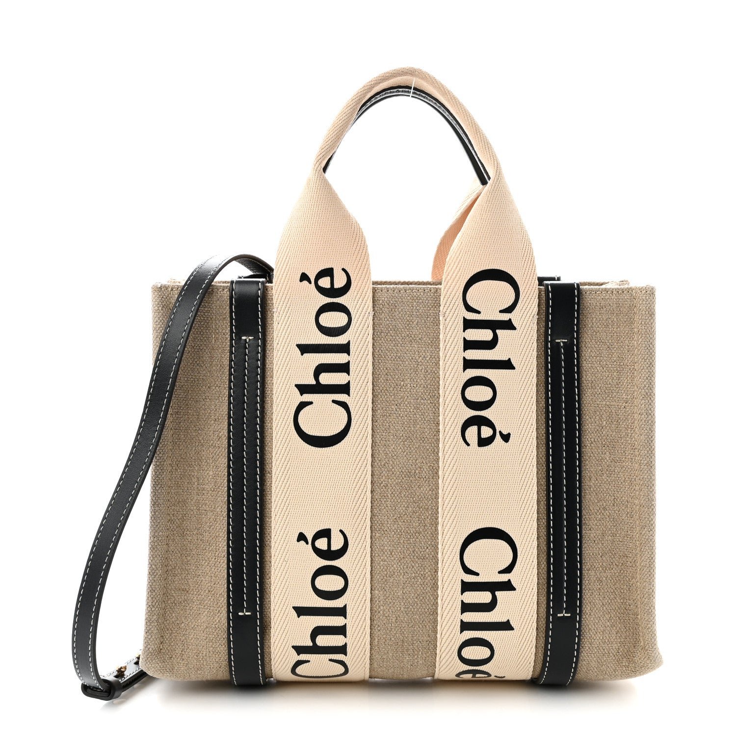 Chloe Cotton Calfskin Small Woody Ribbon Tote With Strap White Navy