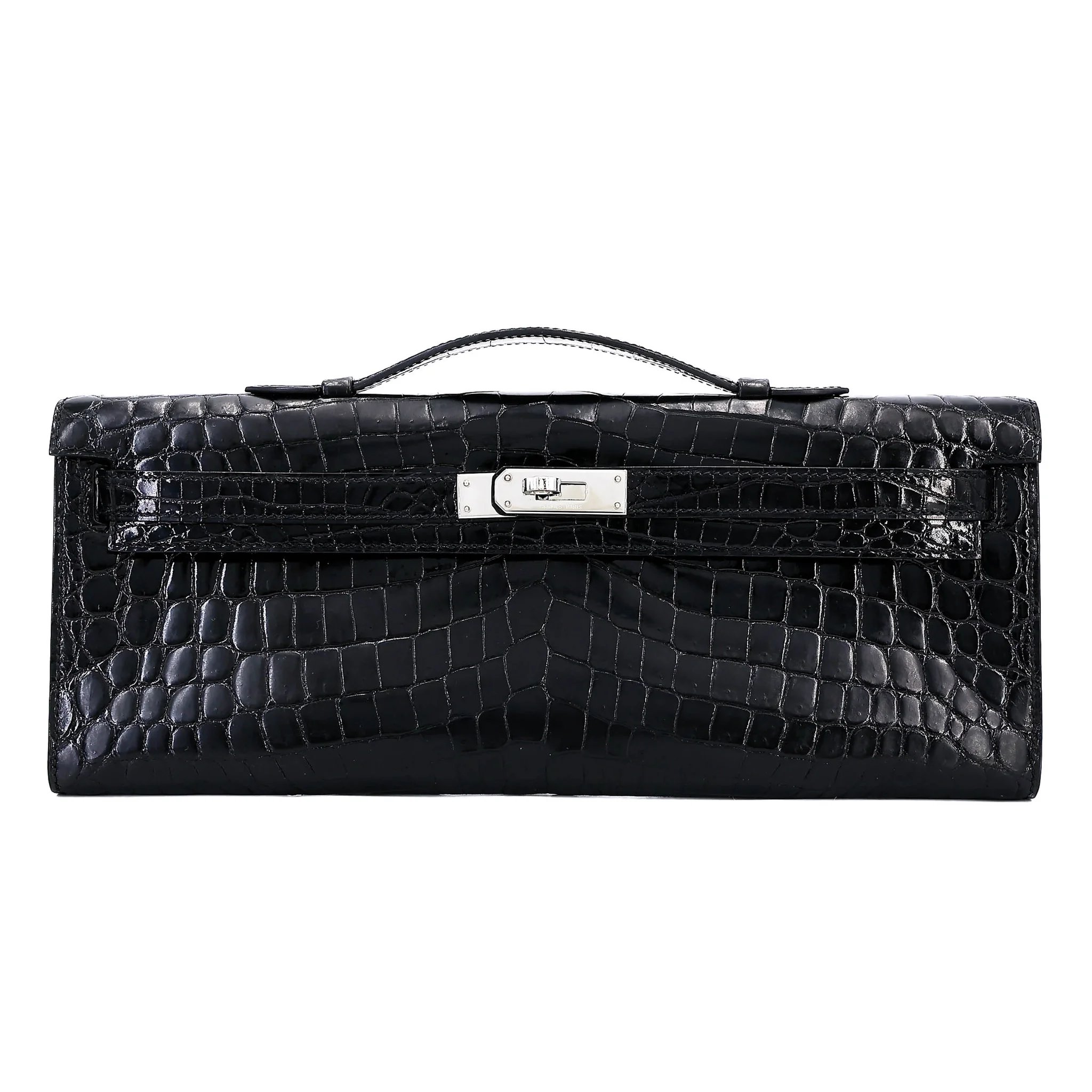 Very Good ( Rank A) HERMÈS Kelly Cut Noir (89) Shiny Niloticus Crocodile Palladium hardware Square P (2012)