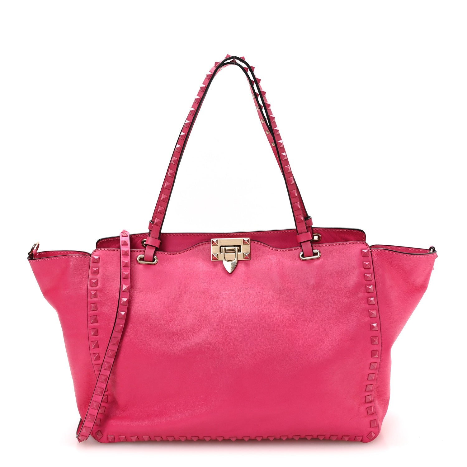Valentino Garavani Vitello Monochrome Medium Rockstud Tote Pop Fuxia