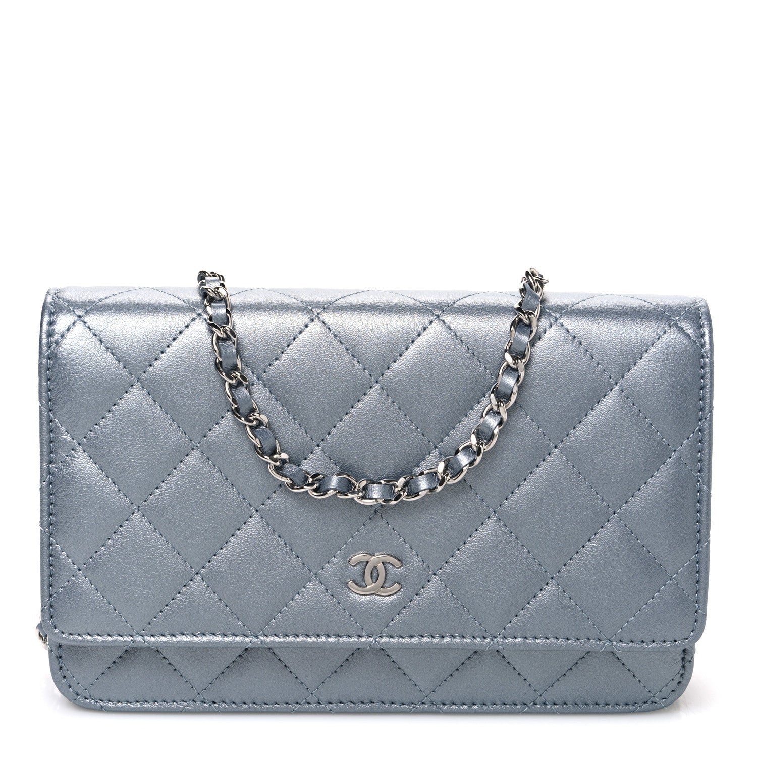 Chanel Metallic Lambskin Quilted Wallet On Chain WOC Silver