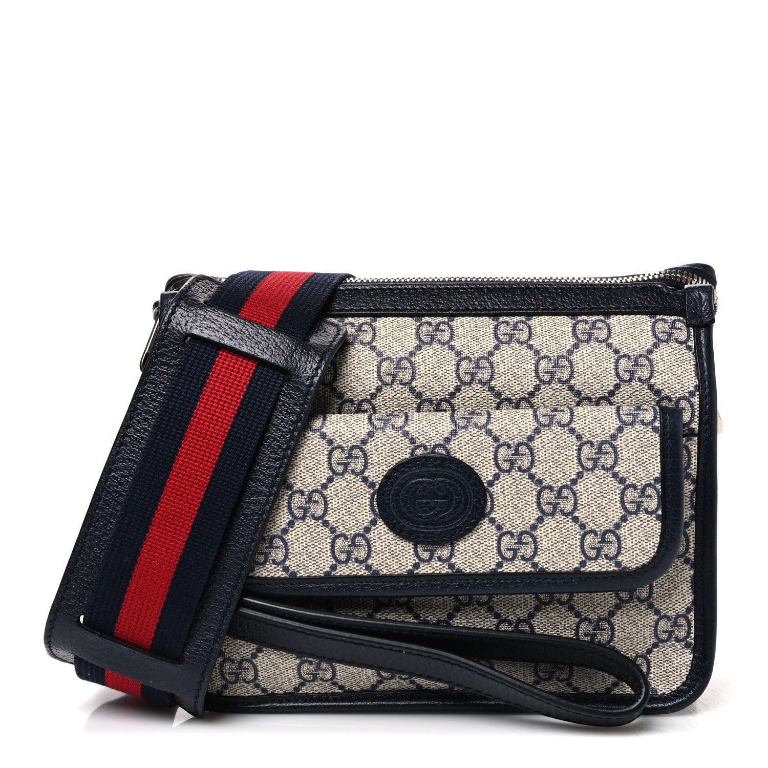 Gucci GG Supreme Monogram Azalea Calfskin Retro Interlocking G Wristlet Messenger Bag Beige Blue
