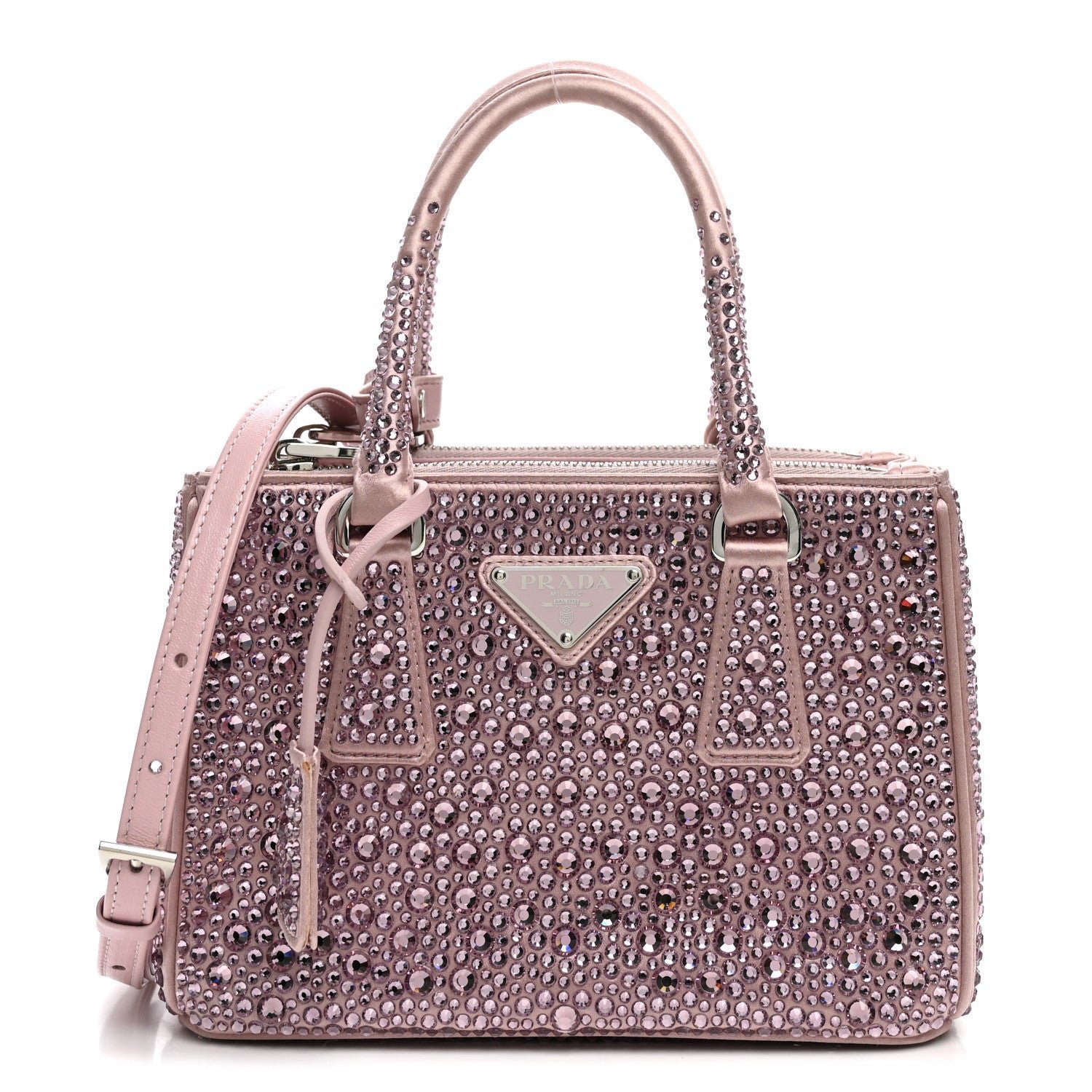 Prada Satin Crystal Mini Galleria Double Zip Tote Alabastro