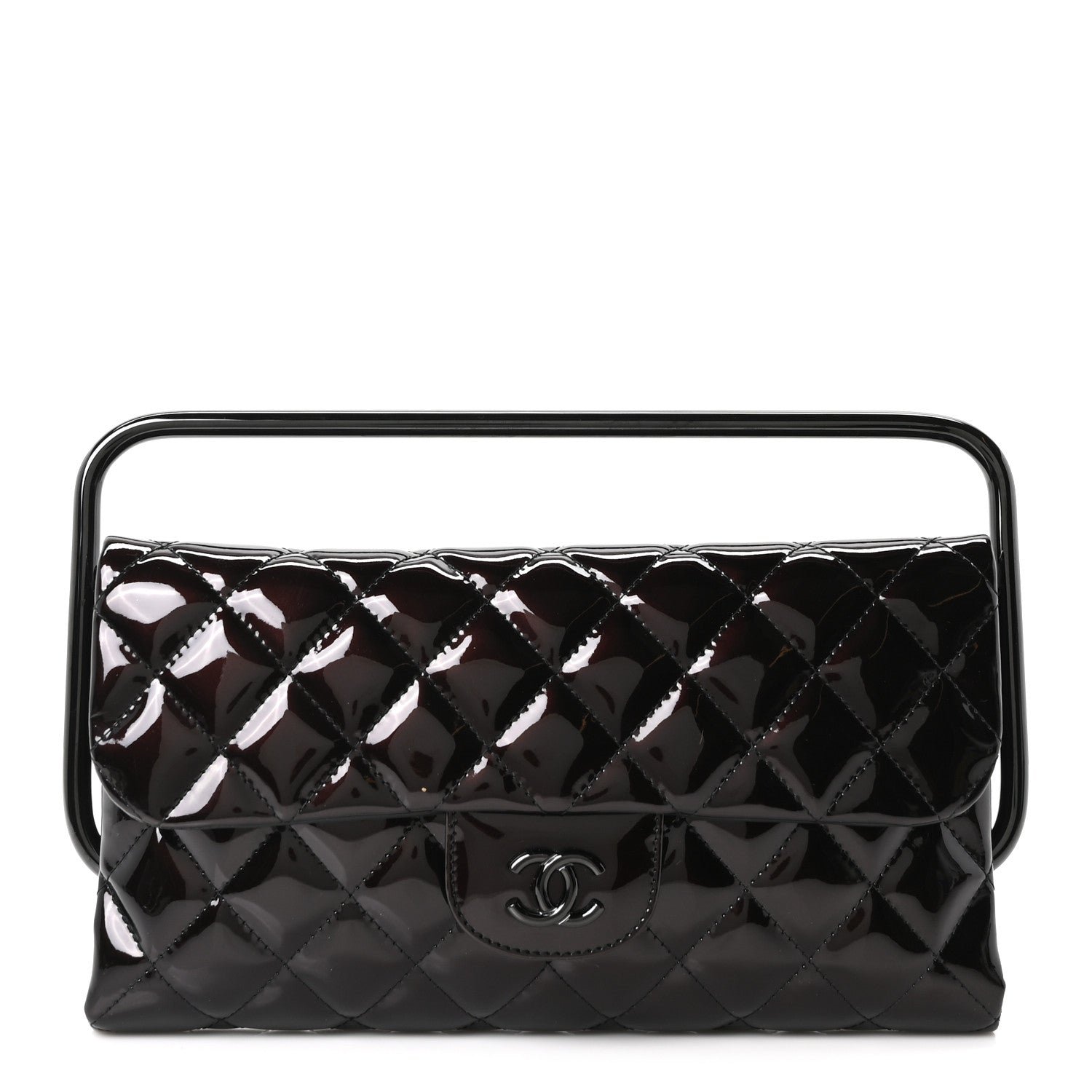 Chanel Patent Calfskin Quilted Metal Handle Clutch So Black