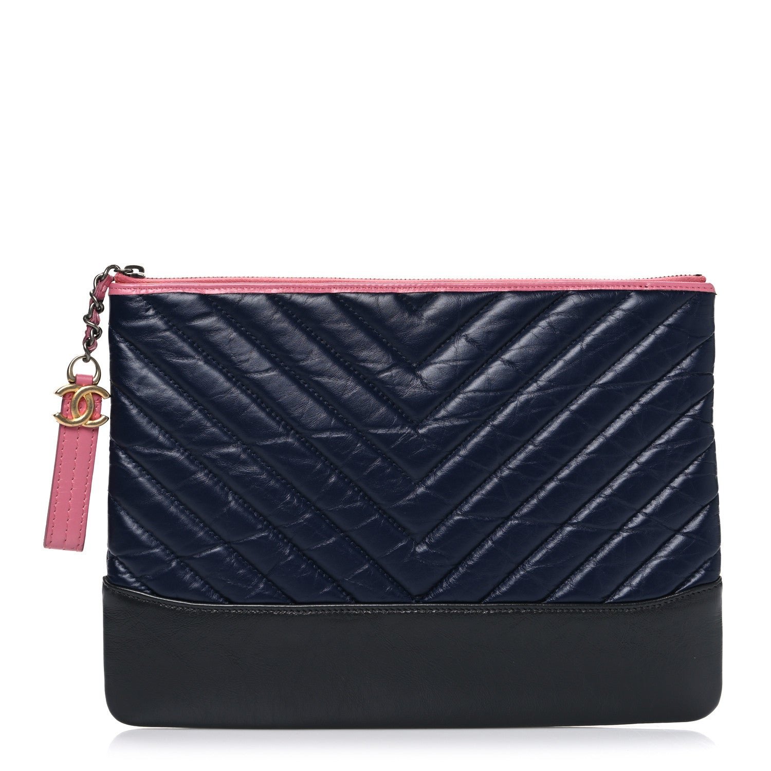 Chanel Aged Calfskin Chevron Quilted Medium Gabrielle Cosmetic Case Dark Pink Navy Charcoal
