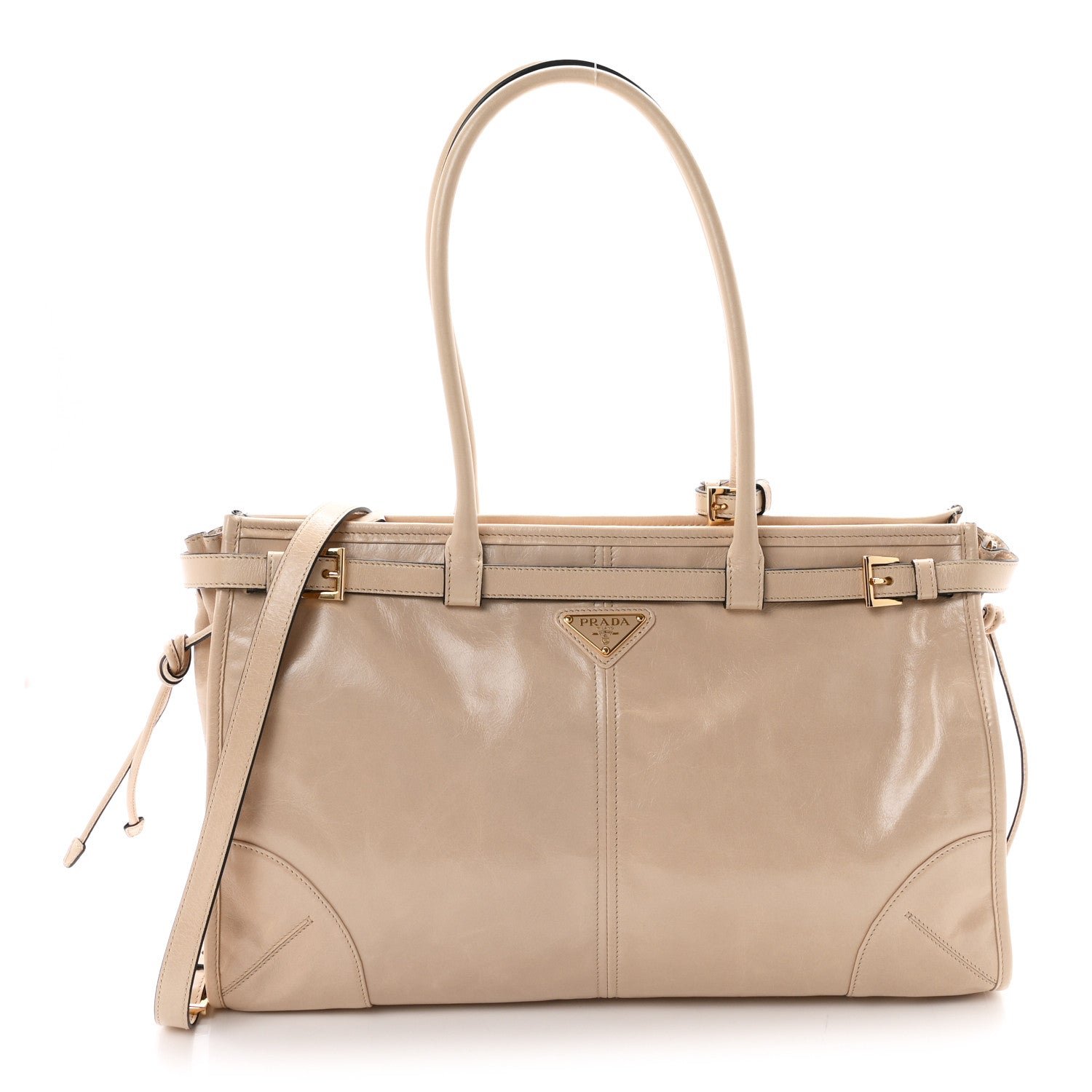 Prada Glossy Calfskin Triangle Large Bonnie Shoulder Bag Travertine