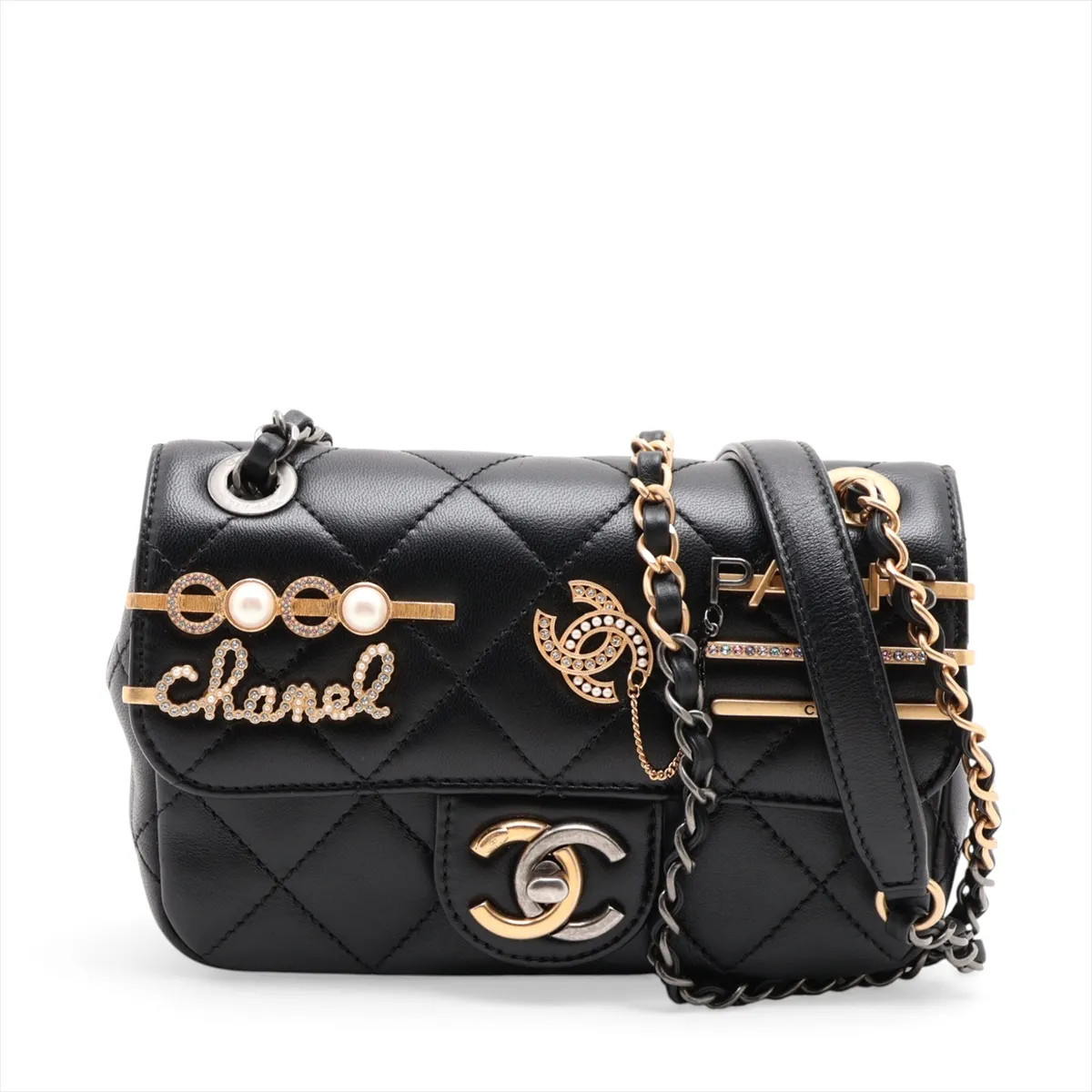 Chanel Mini Matelasse Lambskin Single Flap Double Chain Bag Black Gold x Silver