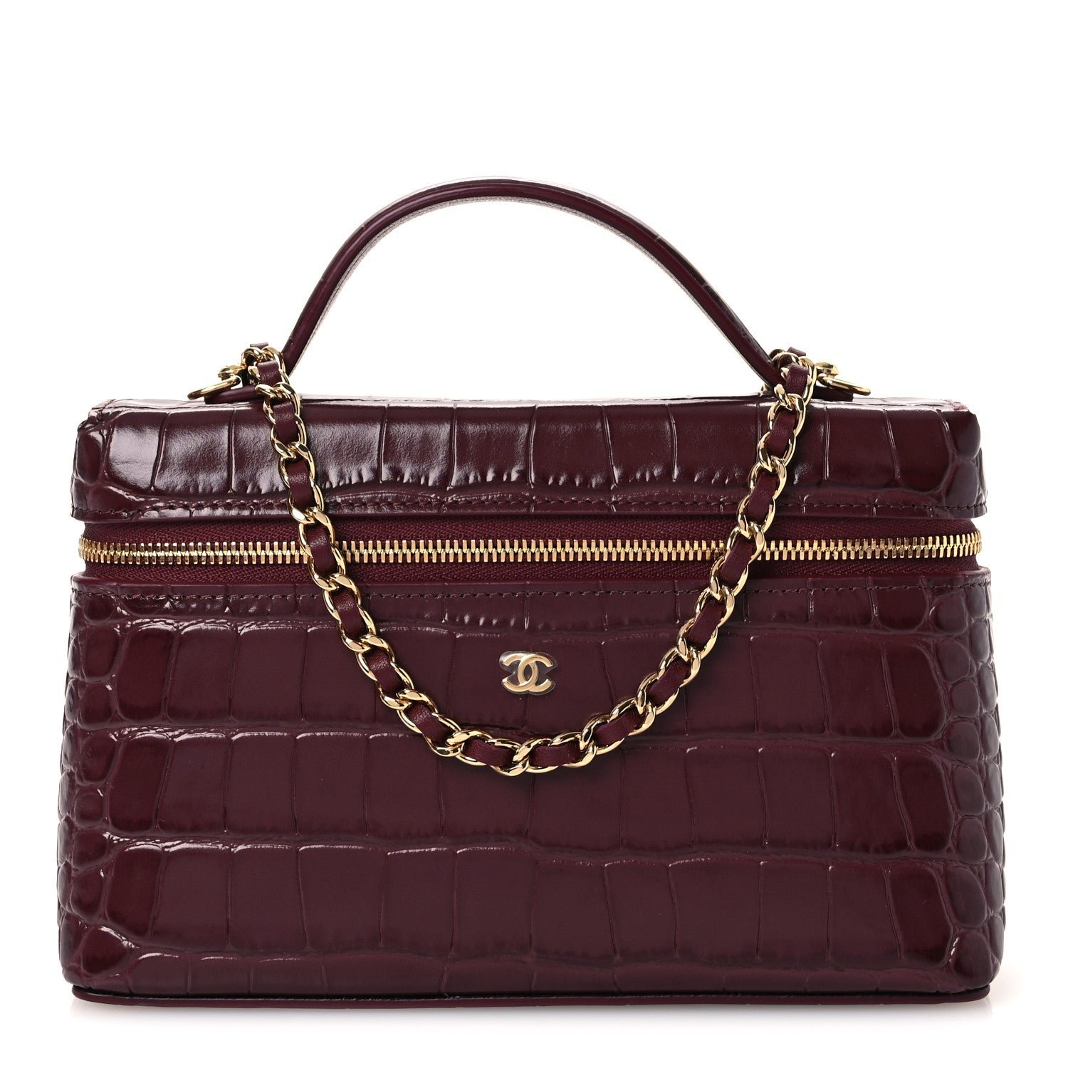 Chanel Calfskin Crocodile Embossed Crococo Exoticoco Vanity With Chain Dark Burgundy