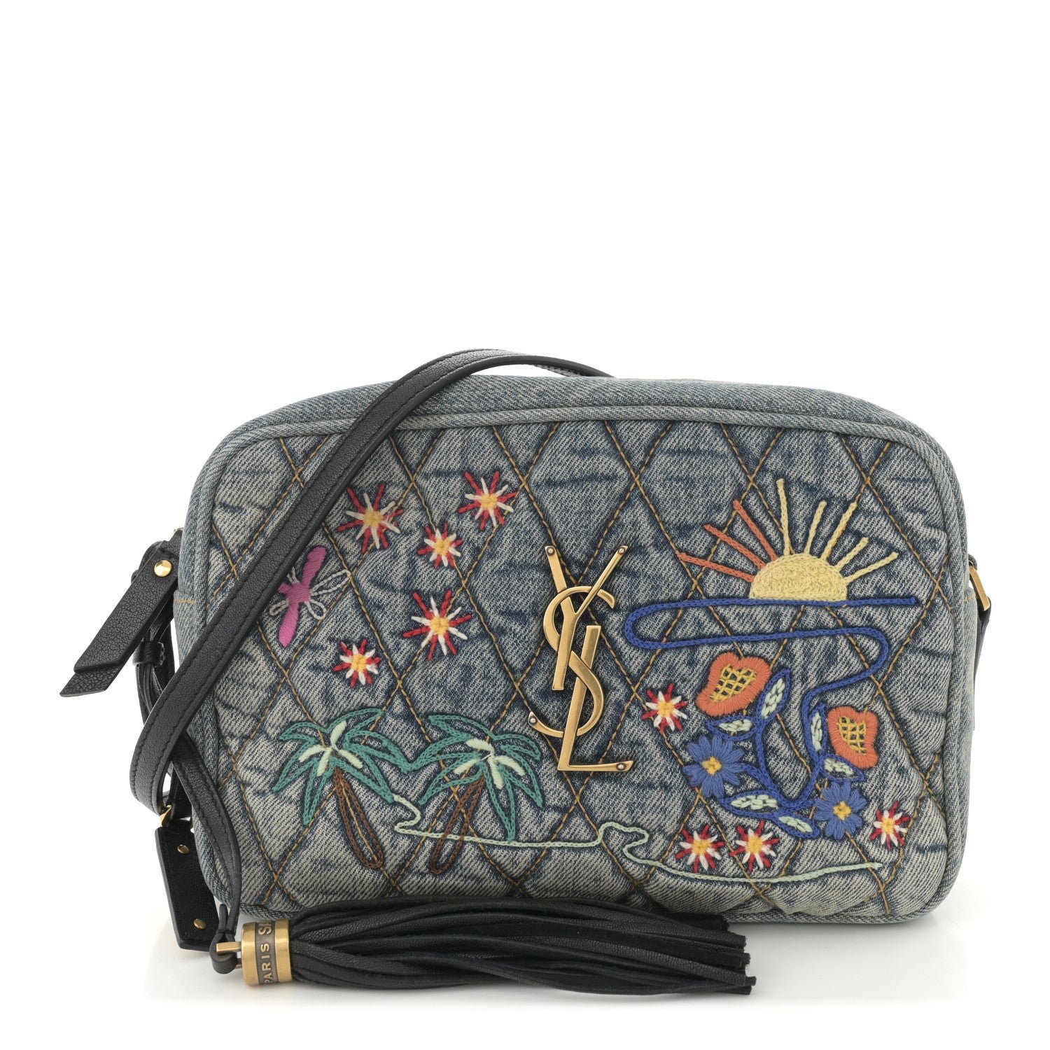 Saint Laurent Denim Matelasse Quilted Summer Embroidered Classic Monogram Camera Bag Blue