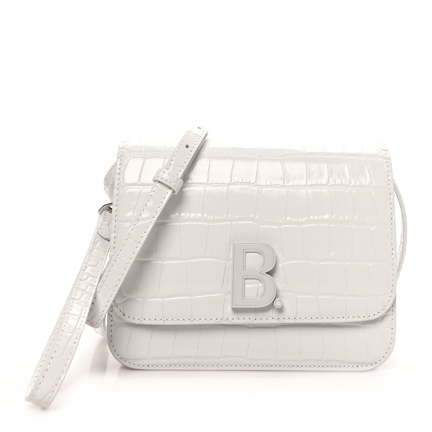 Balenciaga Shiny Calfskin Crocodile Embossed Small B Bag White
