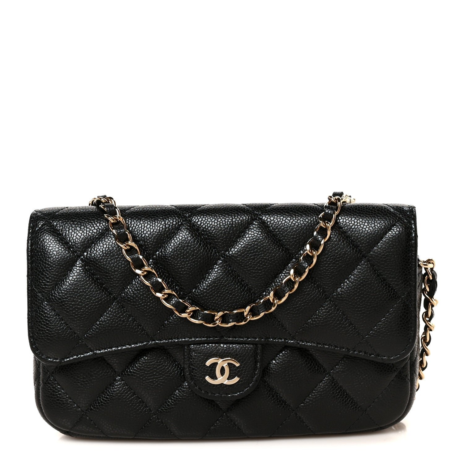Chanel Caviar Quilted Flap Phone Holder With Chain Black Black
