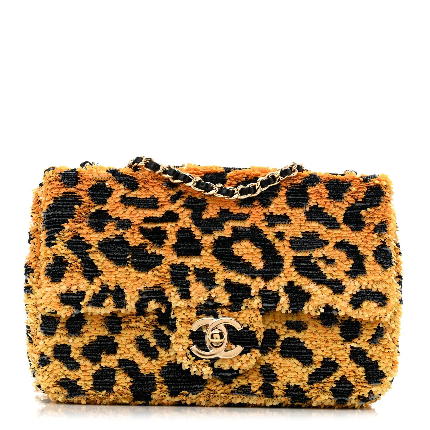 Chanel Sequin Mixed Fibers Leopard Print Mini Rectangular Flap Black Orange