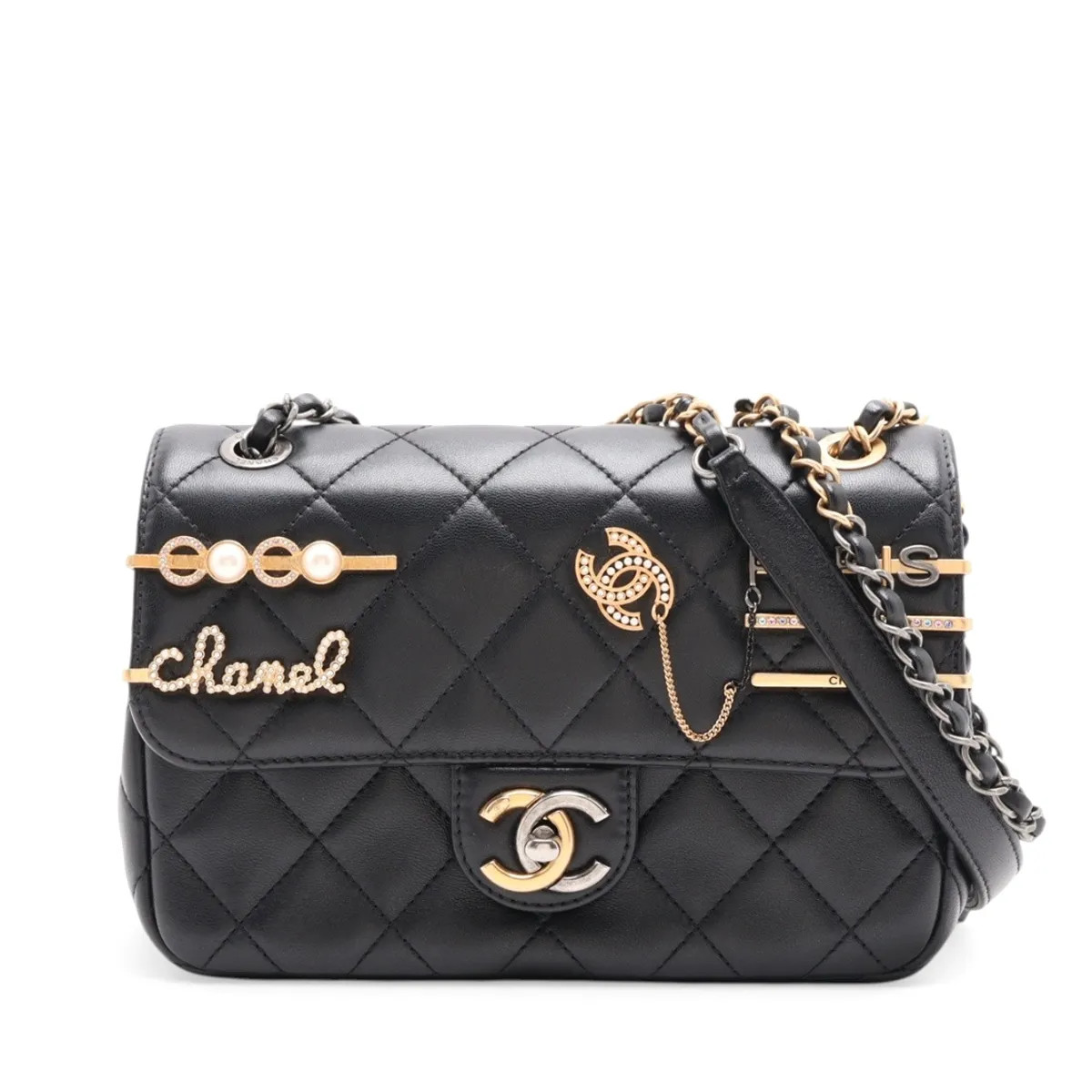 Chanel Mini Matelasse Lambskin Single Flap Double Chain Bag Pearl Black Gold x S