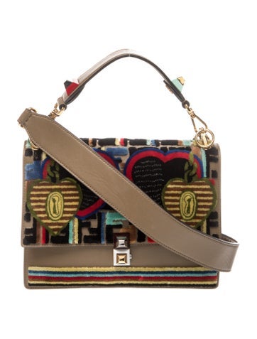 Fendi Zucca FF Vitello Liberty Velvet FF 1974 Hearts Padlock Embroidered Kan I Shoulder Bag